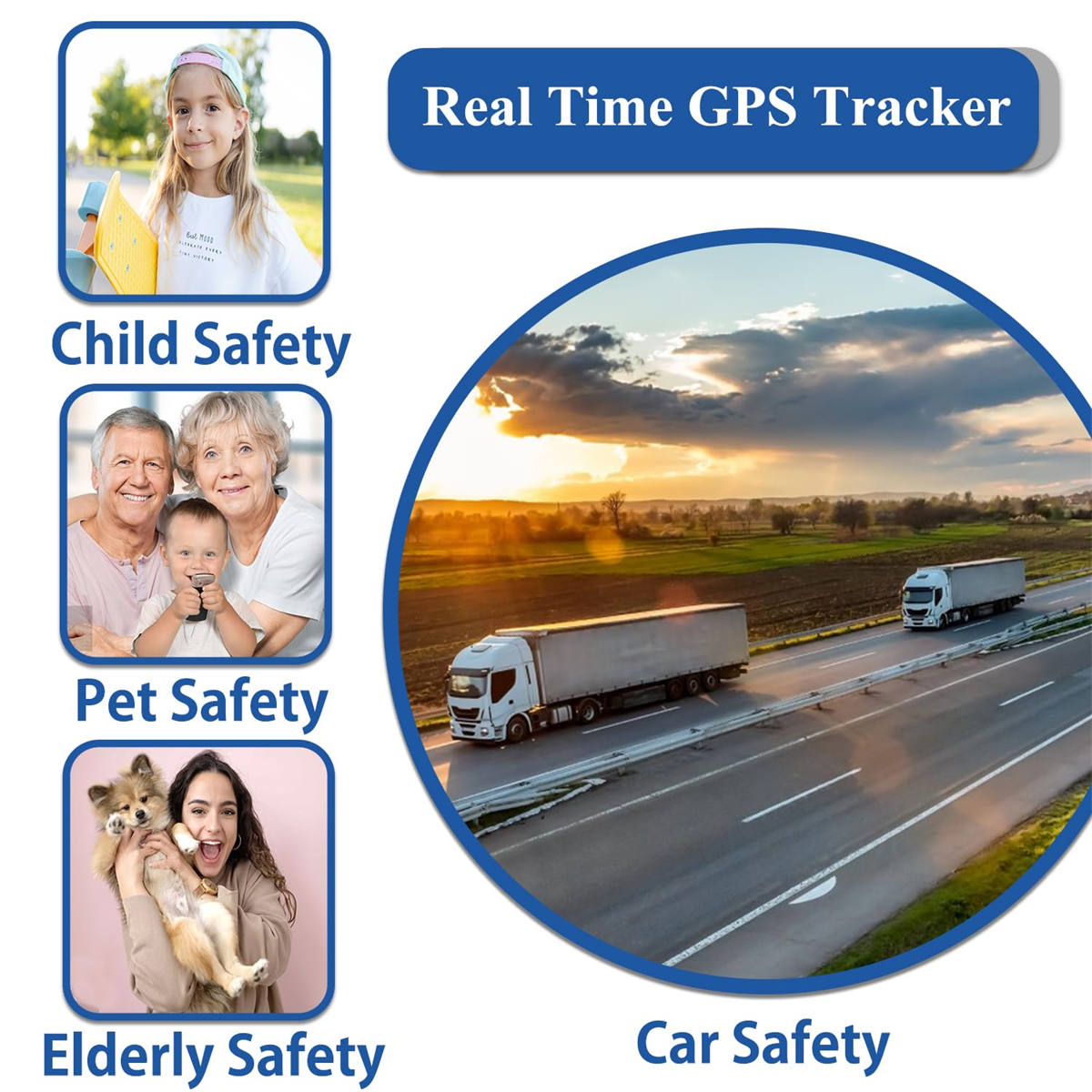 Eine Infografik zum GPS-Tracking. Es zeigt Bilder von Kinder-, Haustier-, Senioren- und Autosicherheit.