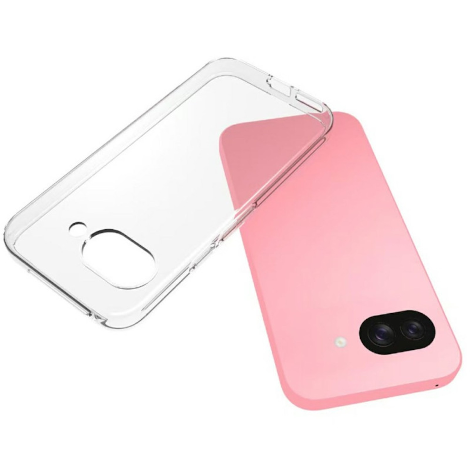 Ein durchsichtiger Handyhülle liegt neben einem rosafarbenen Handy.