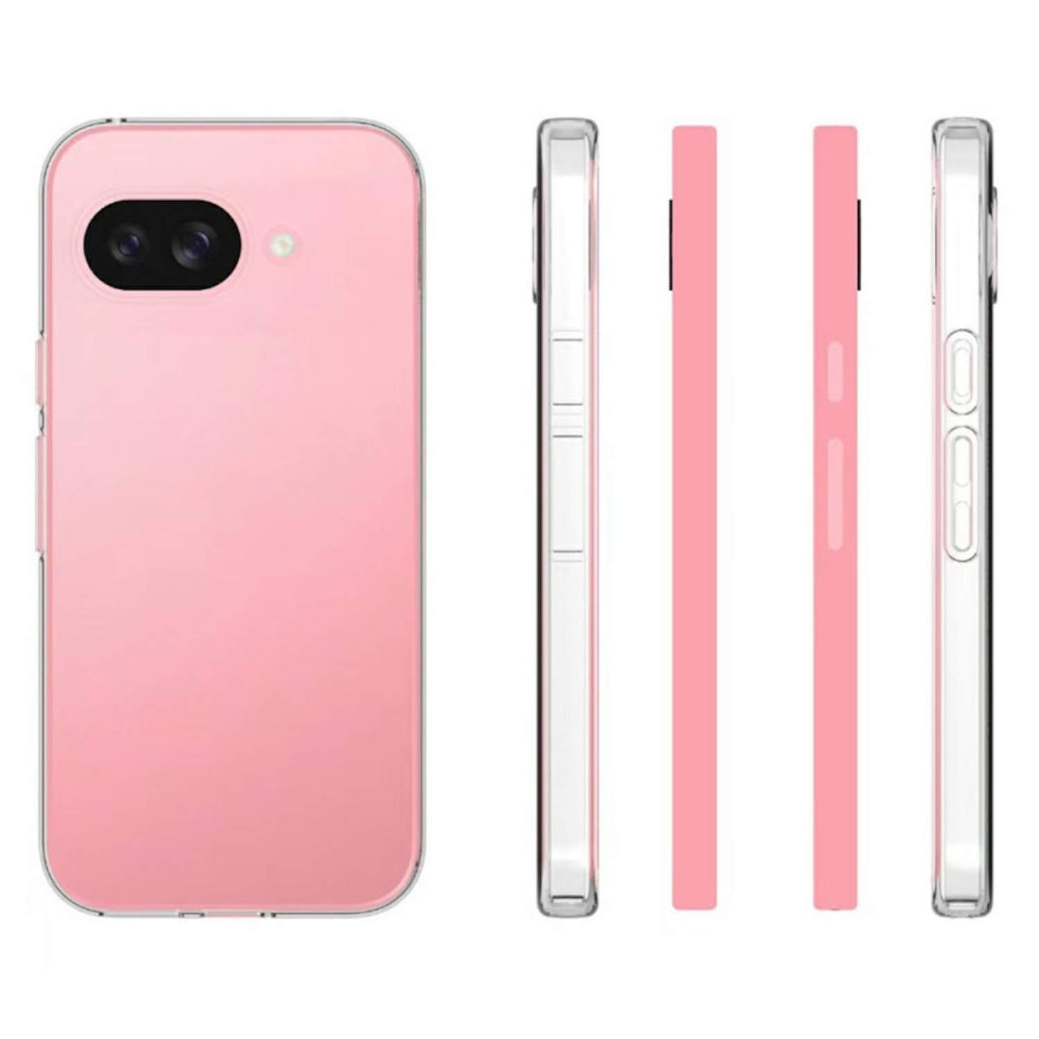Ein rosafarbener Handy-Schutz mit Kameramodul, von vorne und von der Seite.