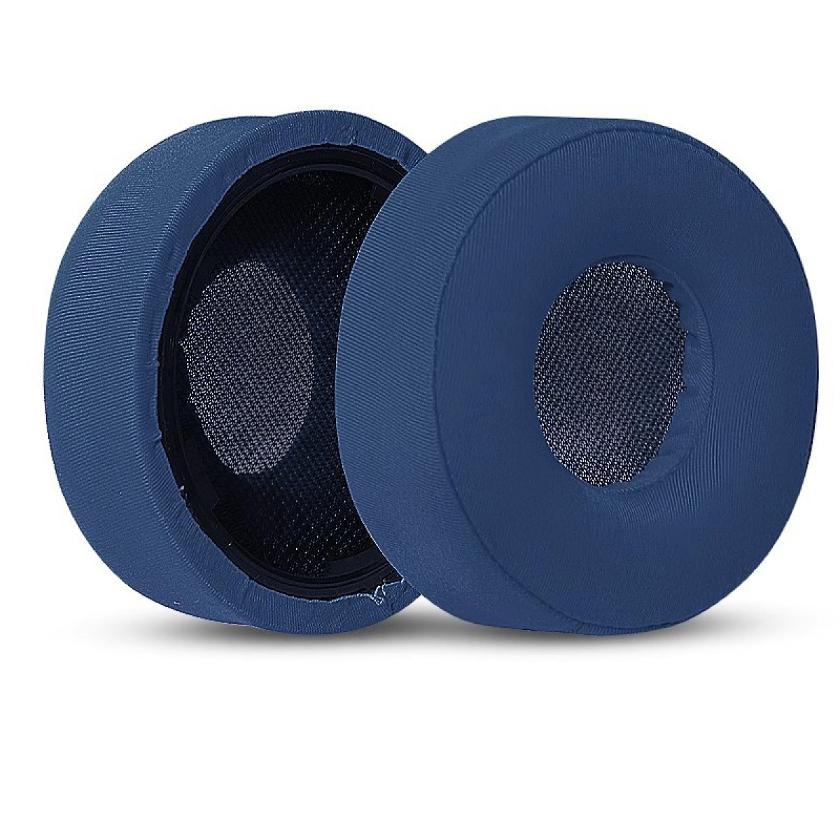 Twee blauwe, ronde oorkussens voor hoofdtelefoons met een gaas in het midden, op een witte achtergrond.