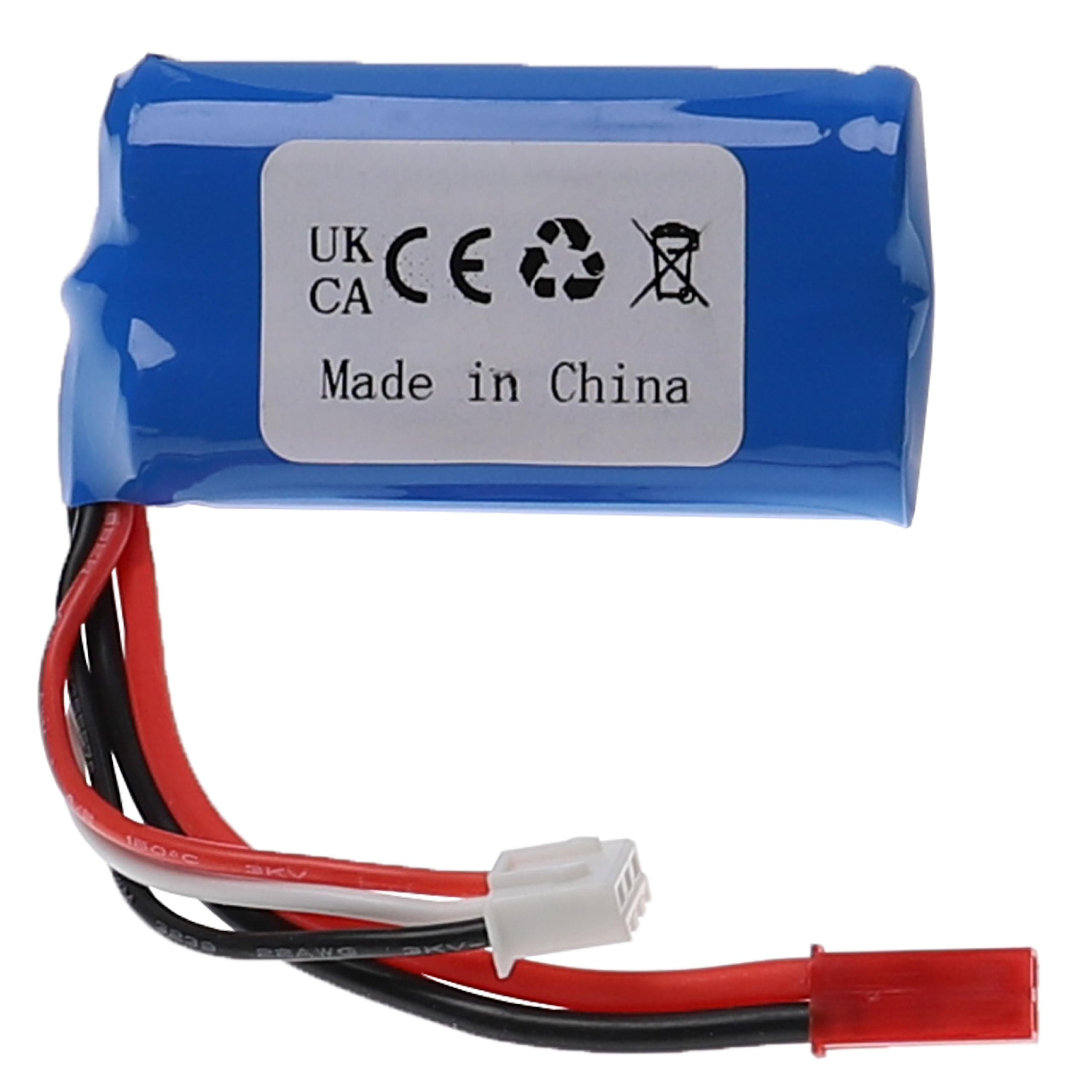 Blaue Batterie mit Kabeln und Stecker, weißer Hintergrund.