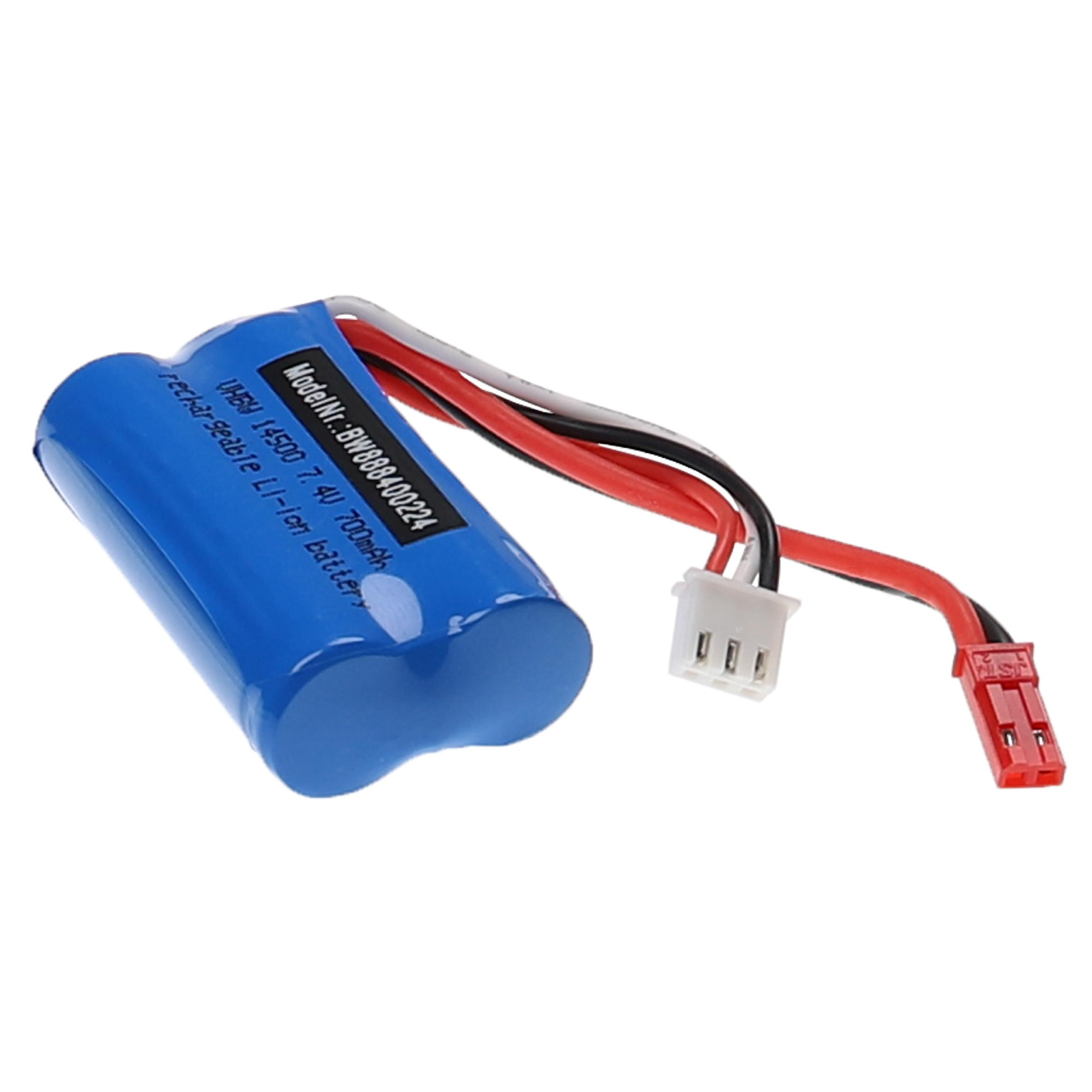 Blaue Batterie mit roten und weißen Drähten. Roter Anschluss am Ende.