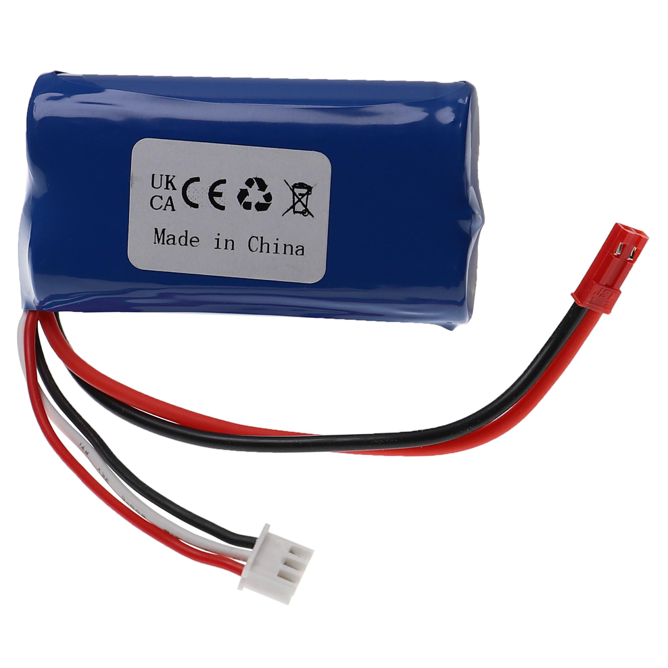 Eine blaue Batterie mit weißem Etikett und ein rotes und schwarzes Kabel mit weißem Stecker.