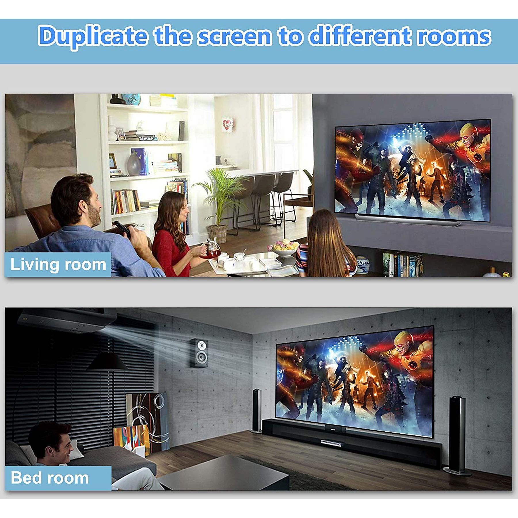 Zwei Bilder, die einen Fernsehbildschirm mit demselben Inhalt in einem Wohnzimmer und einem Schlafzimmer zeigen.