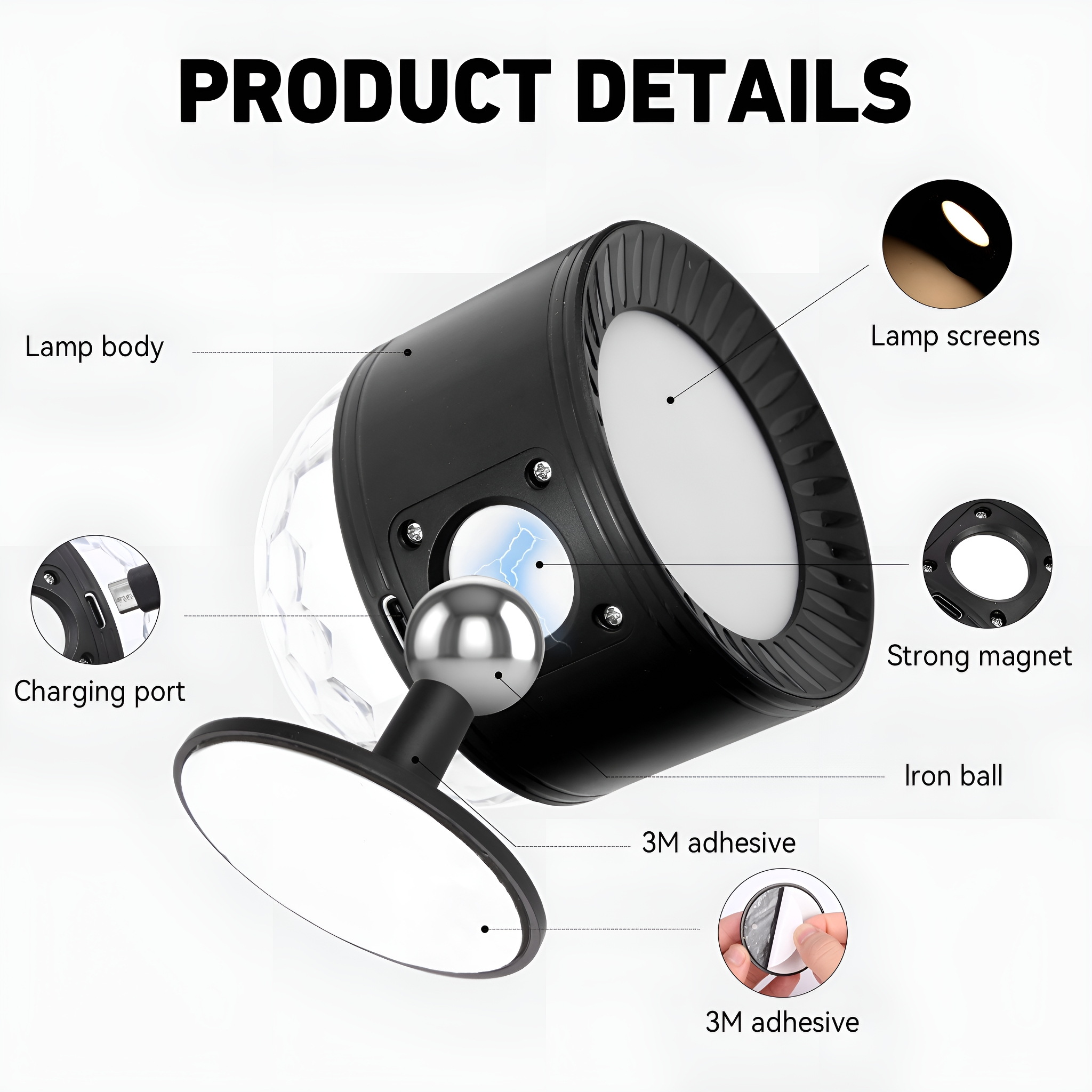 Schwarz-weiß Produktdetailgrafik mit Etiketten und Lampe.