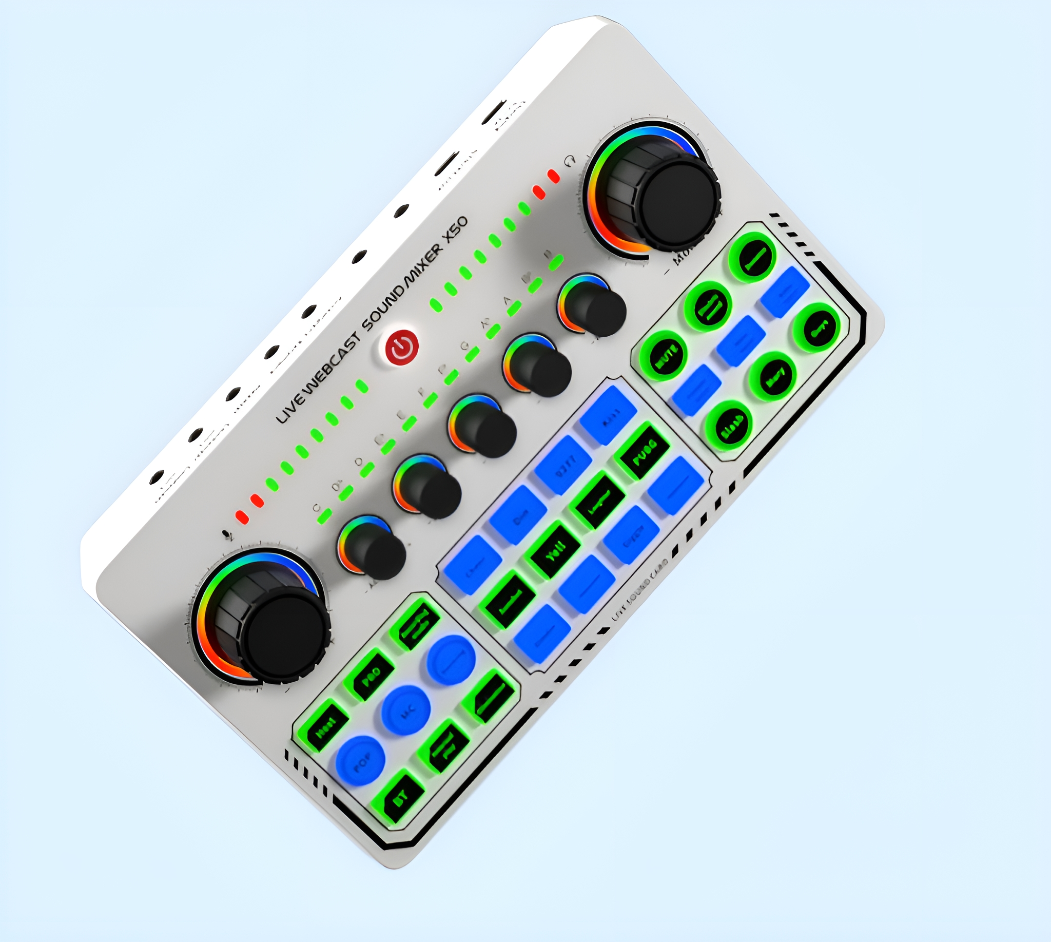 Soundmixer, weiß, mit Knöpfen und Reglern, blauer Hintergrund, Draufsicht, für Live-Webcasting.