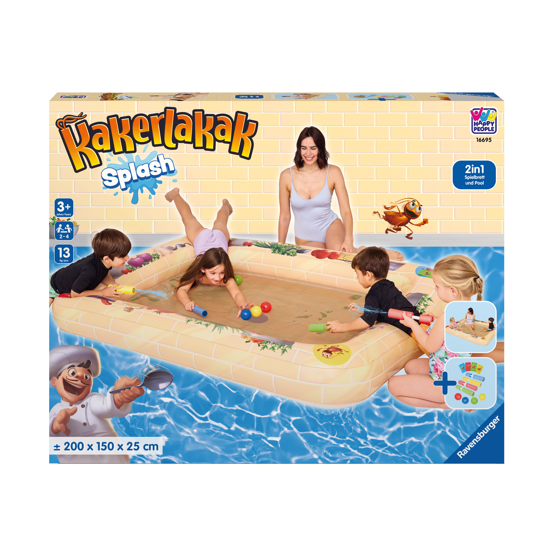 Kinder spielen mit einem Wassertisch. Eine Frau beaufsichtigt. Die Box ist sichtbar.