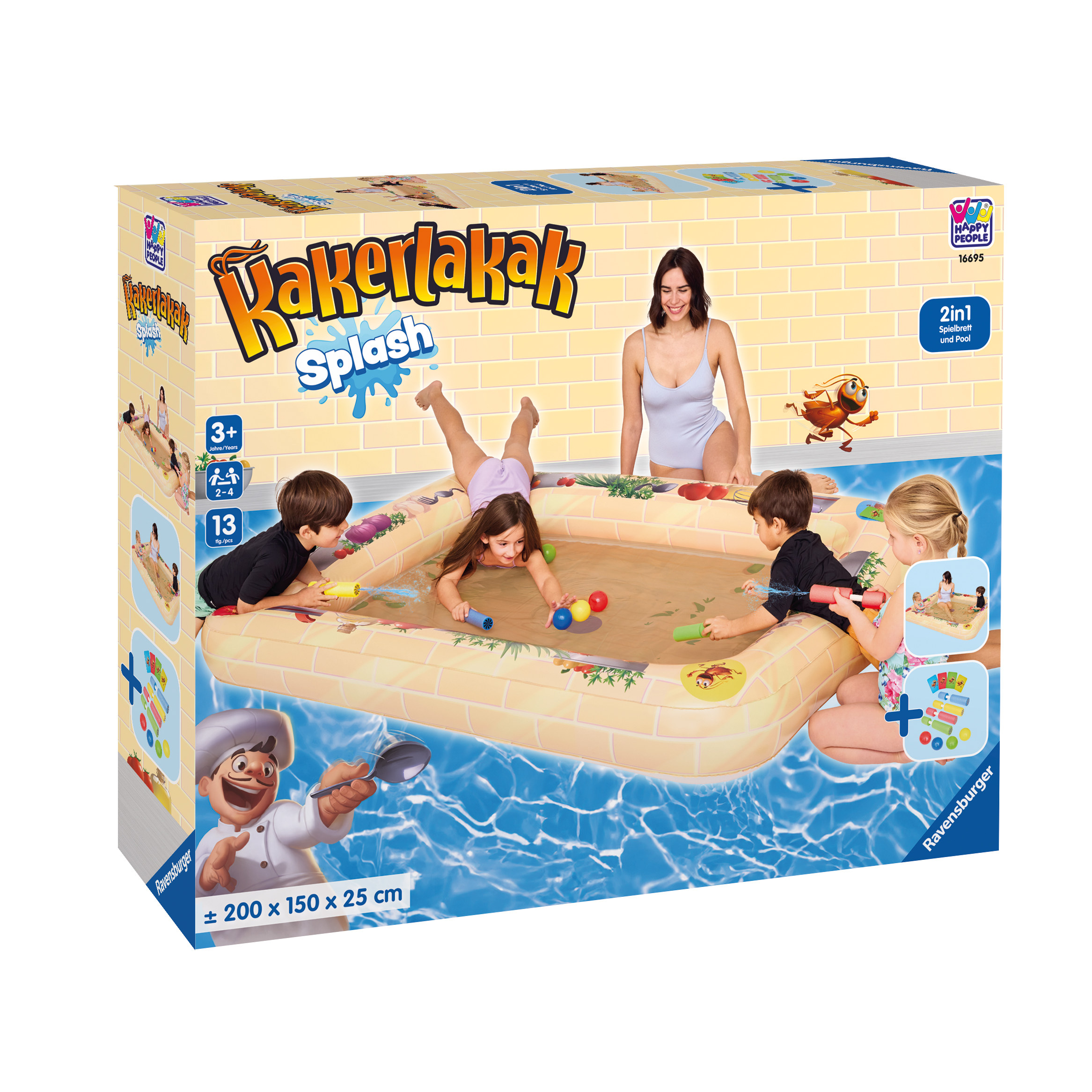 Verpacktes Wasserspielset mit Kindern, die in einem Pool spielen, mit Cartoonfiguren.
