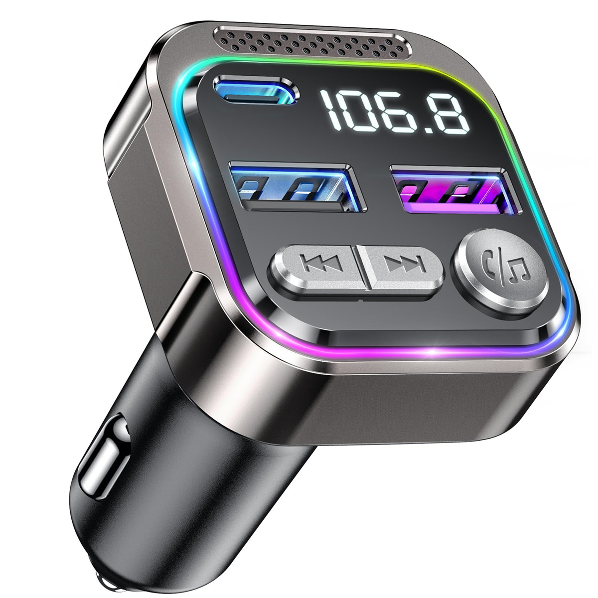 Autoladegerät mit Anzeige 106.8. Schwarz und Silber, mit USB-Anschlüssen. Weißer Hintergrund.