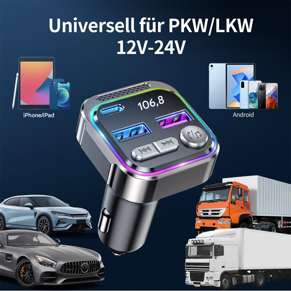 Silbernes Autoladegerät mit USB-Anschlüssen, Tablets und Telefonen. Text: Universell für PKW/LKW 12V-24V.