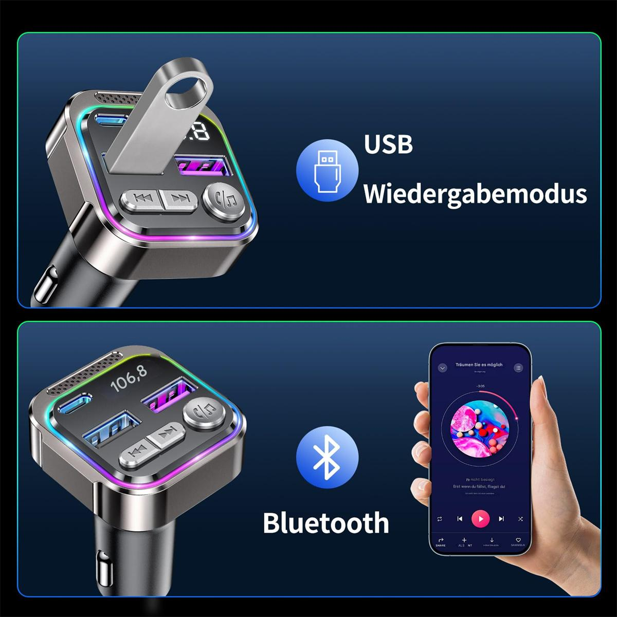 Kfz-Ladegerät mit USB- und Bluetooth-Funktionen und Telefonbildschirm mit Musikwiedergabe.