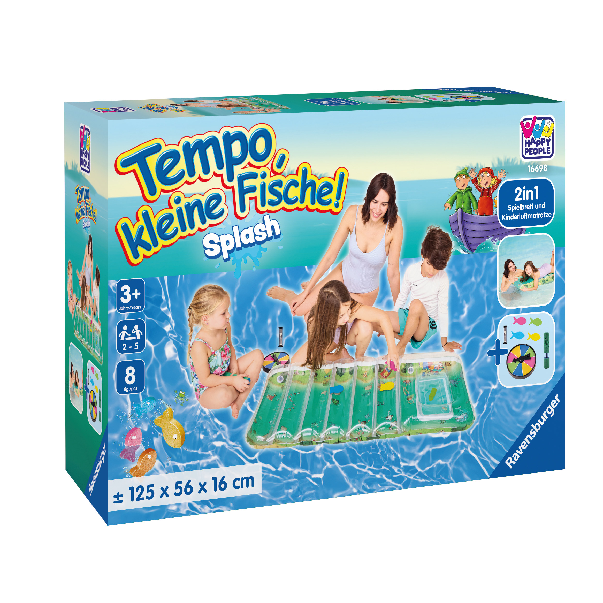 Spielzeugkiste mit Kindern, die in einem Pool spielen. Das Bild zeigt einen Pool mit Kindern und einer Frau, die mit Spielzeug spielen.
