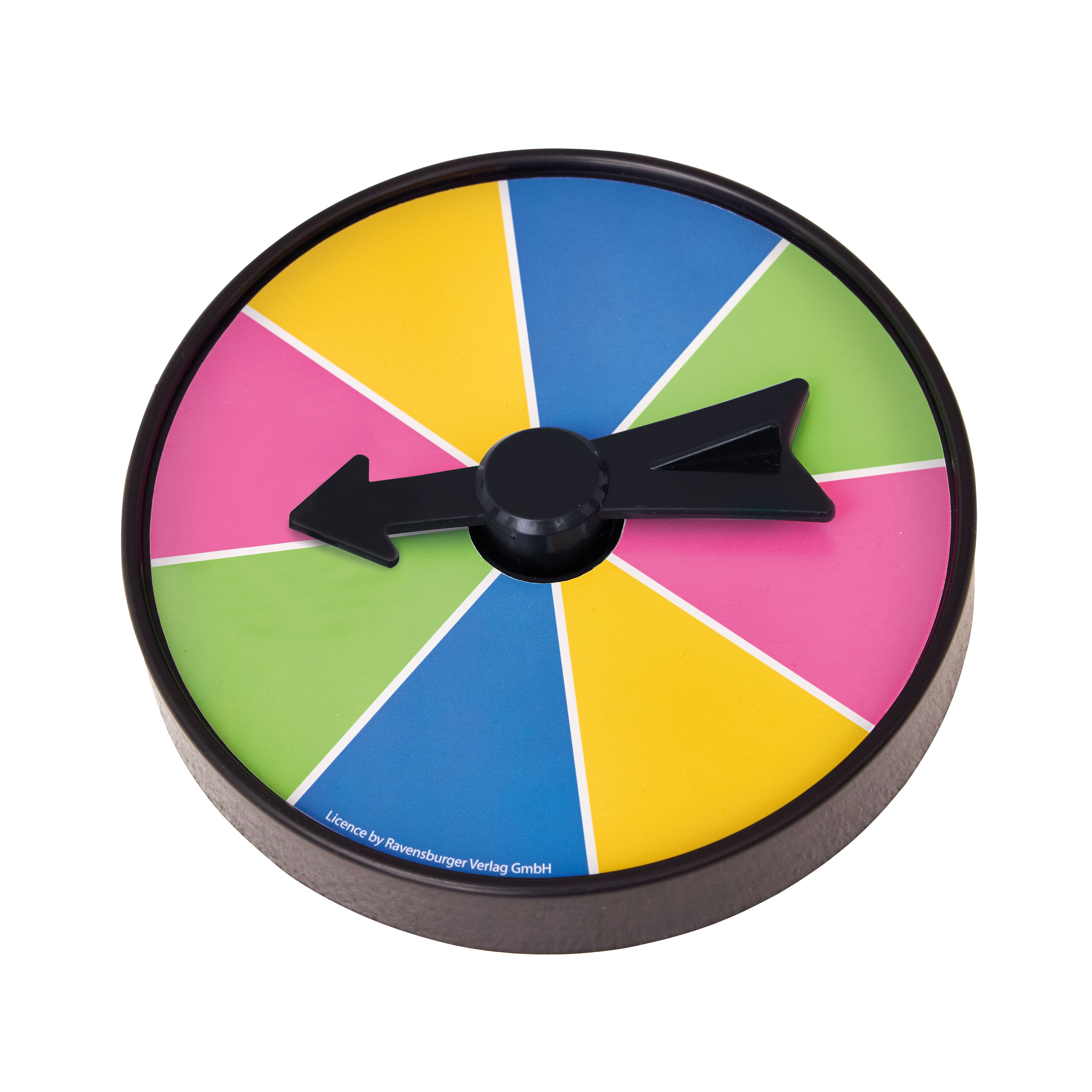 Ein farbenfroher Spiel-Spinner mit Segmenten in Pink, Grün, Blau und Gelb.