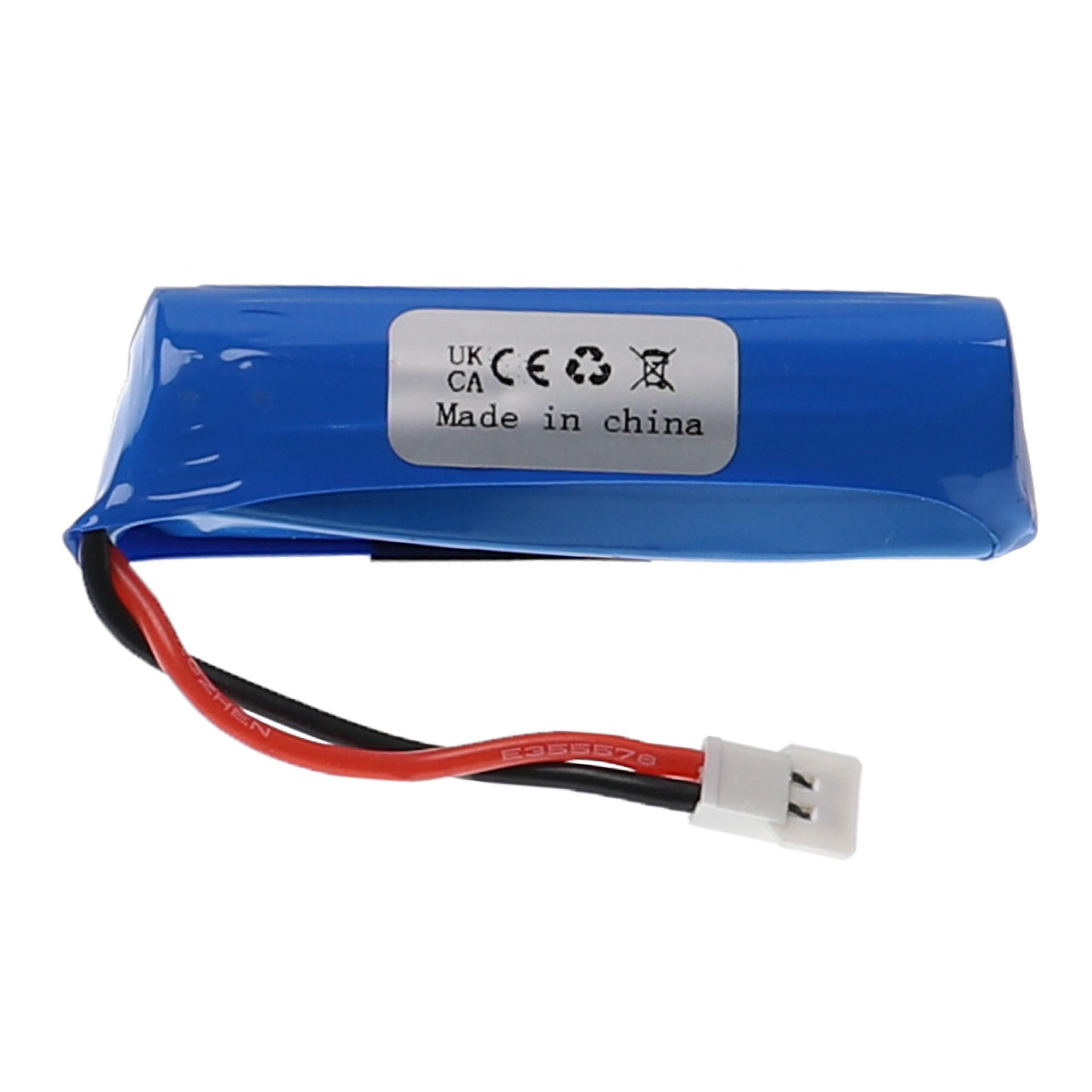 Eine blaue Batterie mit weißem Etikett und ein rotes und schwarzes Kabel mit weißem Stecker.