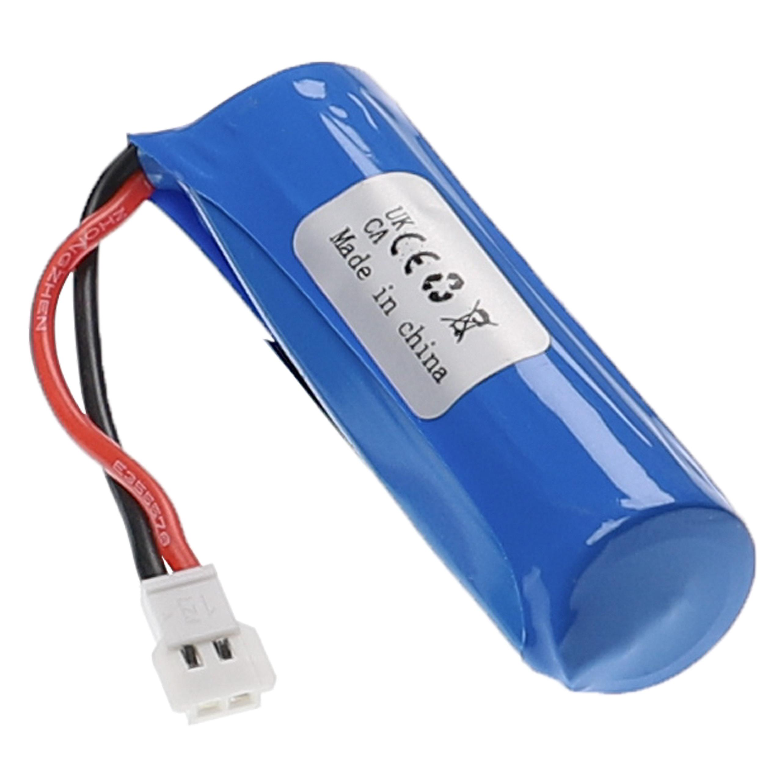 Blaue zylindrische Batterie mit roten und schwarzen Drähten und einem weißen Stecker, Etikett mit Text.