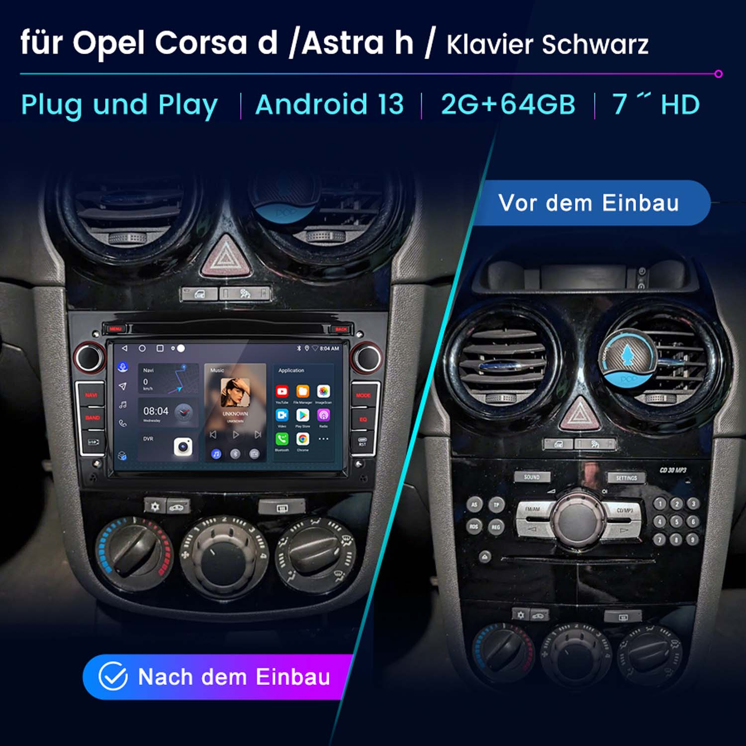 Autoradio prima e dopo l'installazione. Include funzionalità, specifiche e istruzioni.