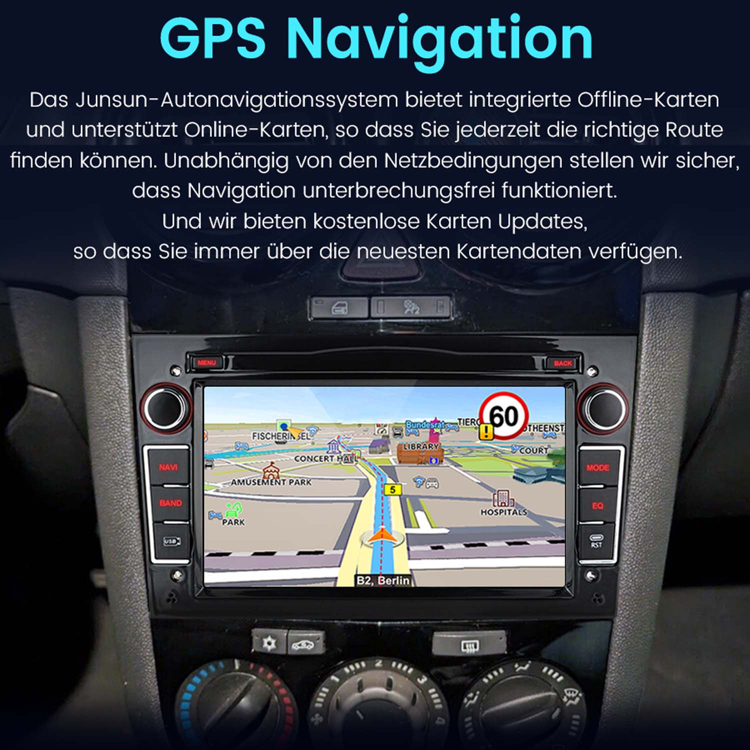 Schermo del sistema di navigazione dell'auto con mappa e controlli. Sfondo interno scuro.