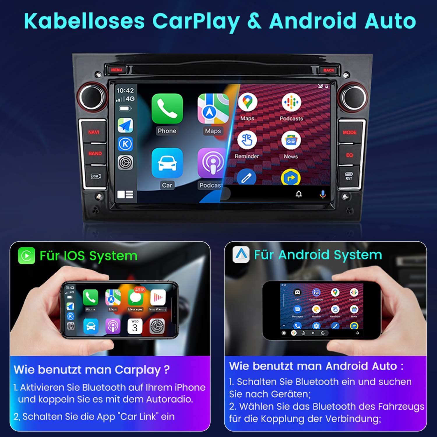 Lo schermo dell'autoradio mostra app come Mappe e Telefono. Vengono mostrate anche le istruzioni per CarPlay e Android Auto.