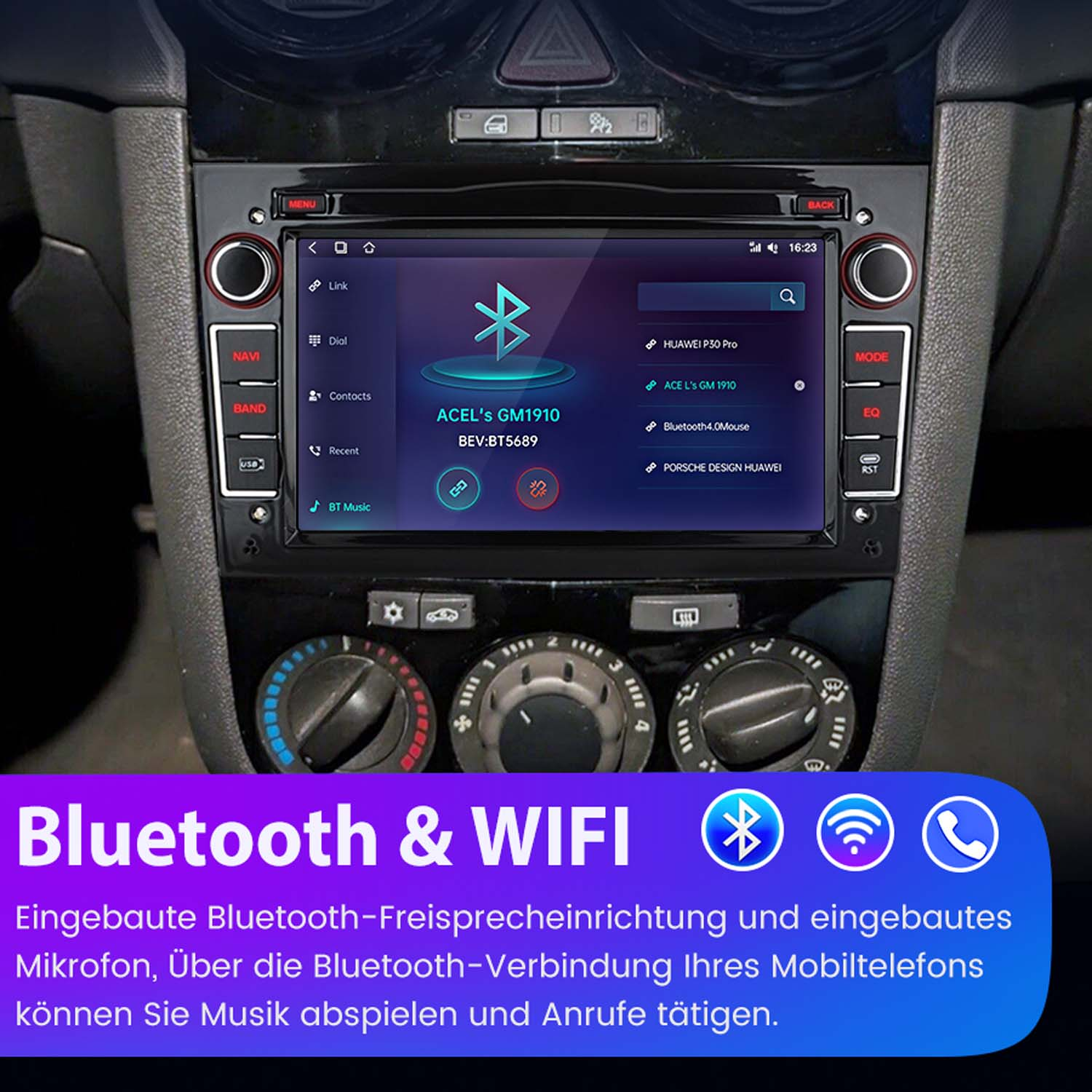 Cruscotto auto con schermo che mostra le opzioni di navigazione e Bluetooth.