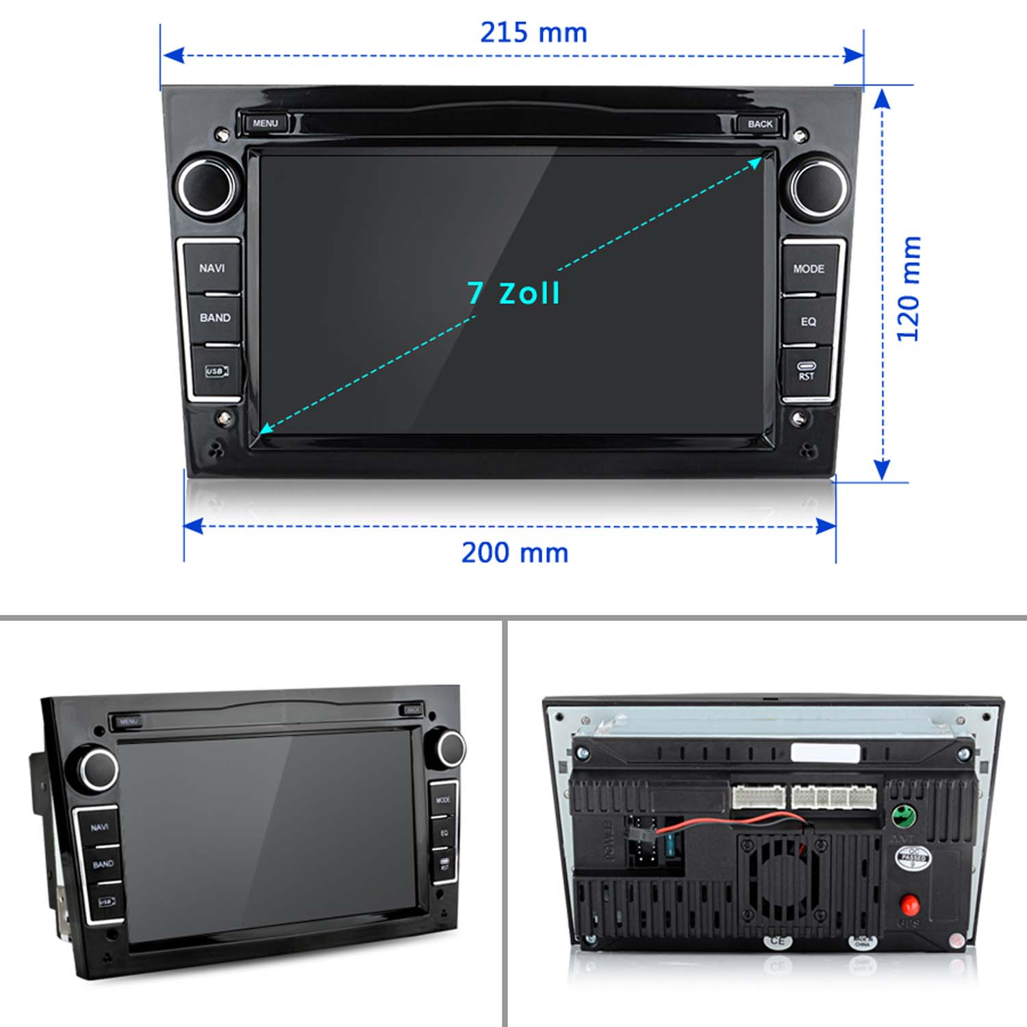 Autoradio con touchscreen e più pulsanti. Include dimensioni e viste.