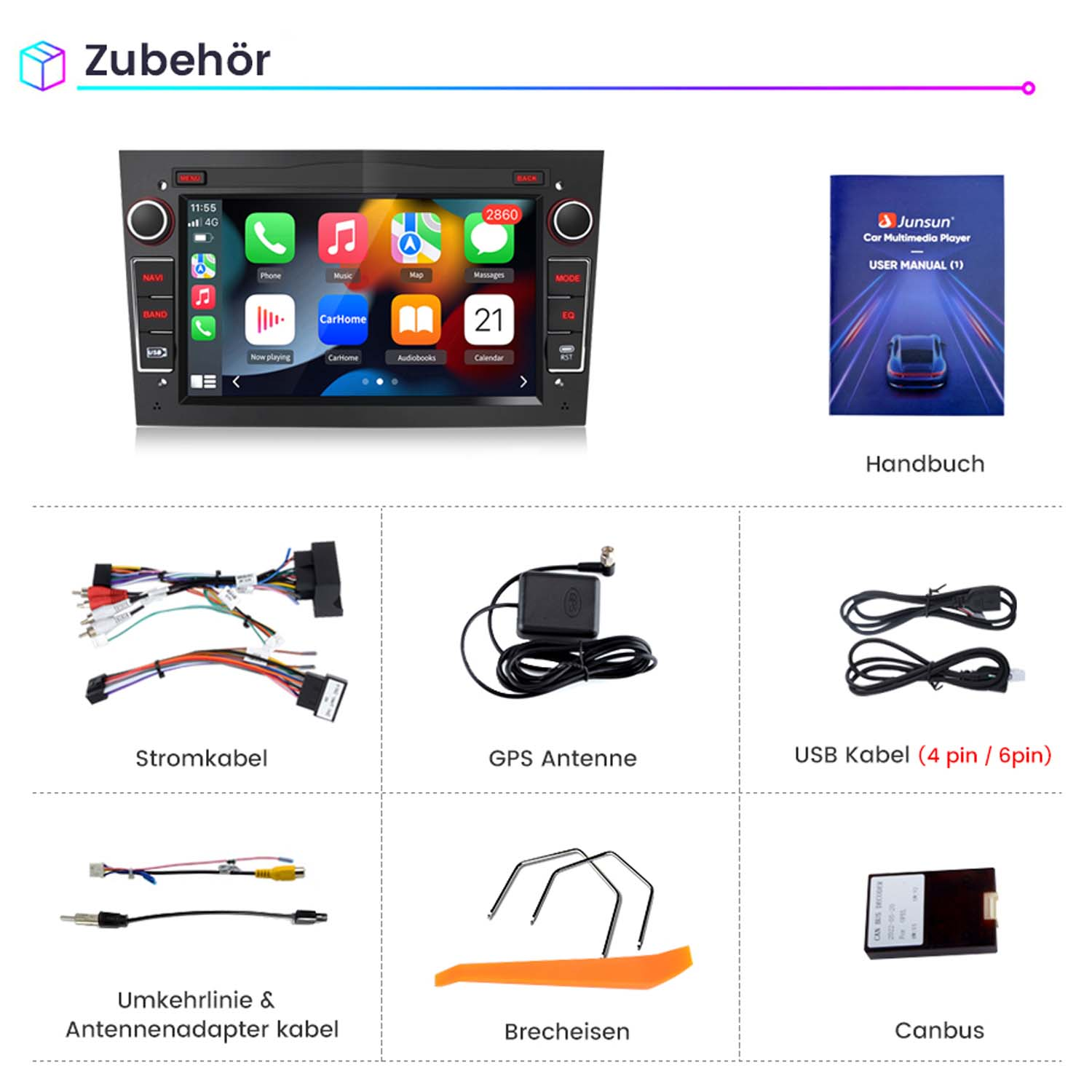 Lettore multimediale per auto con accessori, tra cui cavi, antenna GPS e manuale utente.