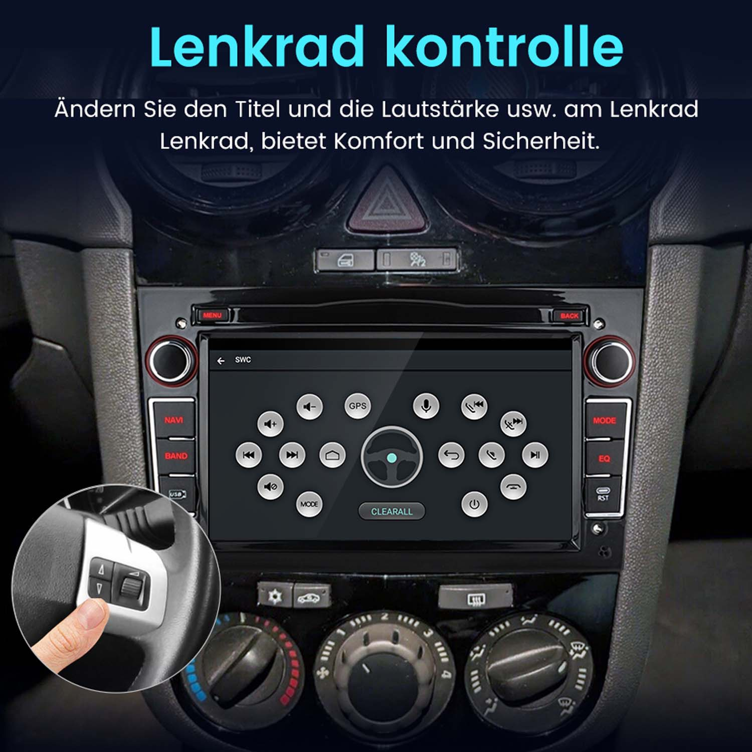 Interni auto con display touchscreen. Mostra i comandi del volante e i pulsanti del climatizzatore, con un dito che preme un pulsante.