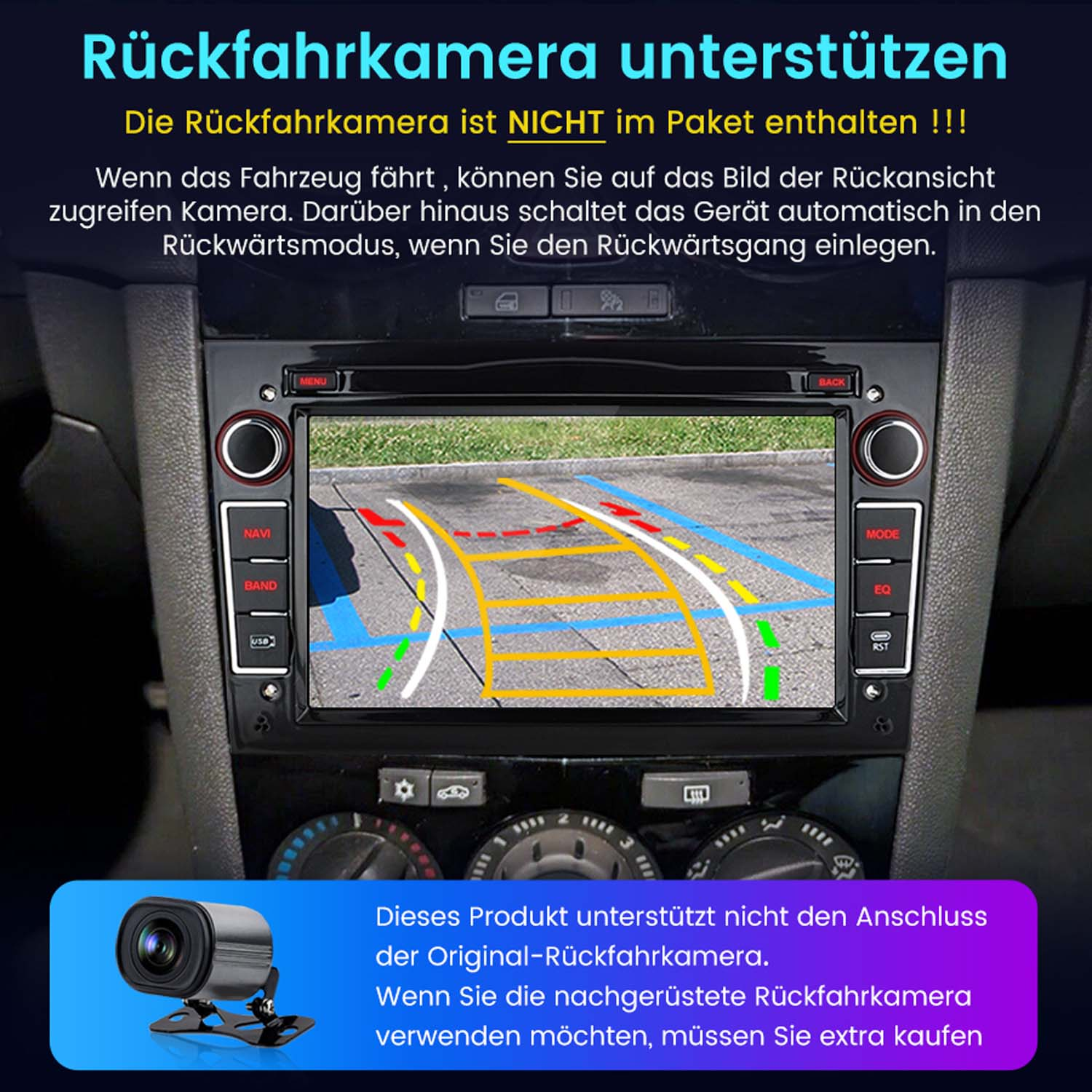 Cruscotto dell'auto con schermo che mostra la navigazione e un'immagine della telecamera posteriore. Interni neri.