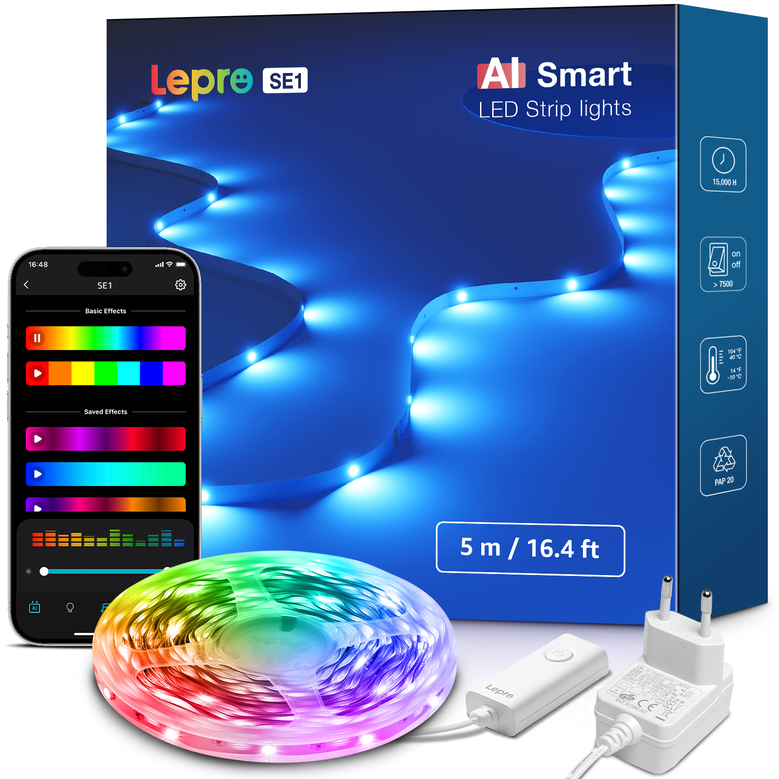 Intelligentes LED-Streifenlicht-Kit mit Steuergerät, Netzteil und Smartphone.