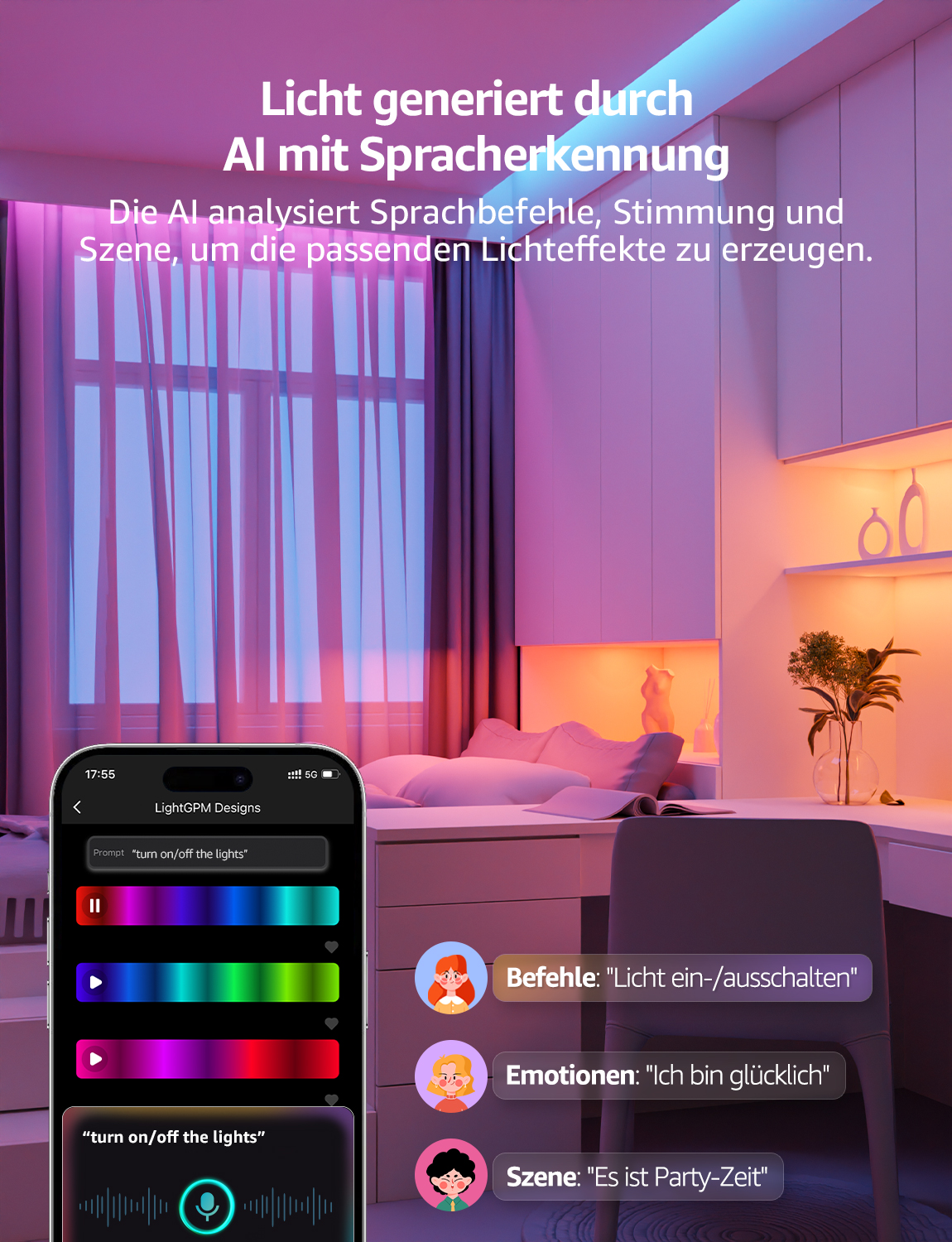 Raum mit intelligenten Lichtern, gesteuert vom Handy. Person im Raum.