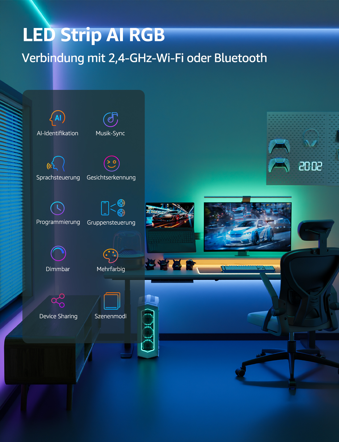 Ein Raum mit LED-Streifen, zeigt KI-Funktionen und ein Gaming-Setup mit PC und Monitor.