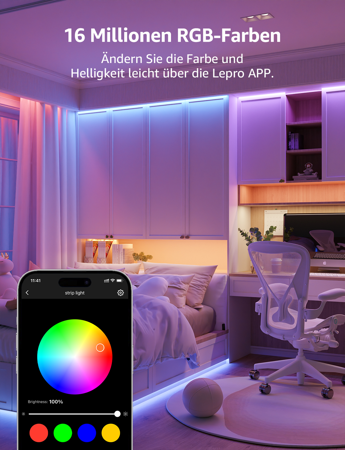 Schlafzimmer mit farbigen LED-Streifen und Smartphone mit Farboptionen.
