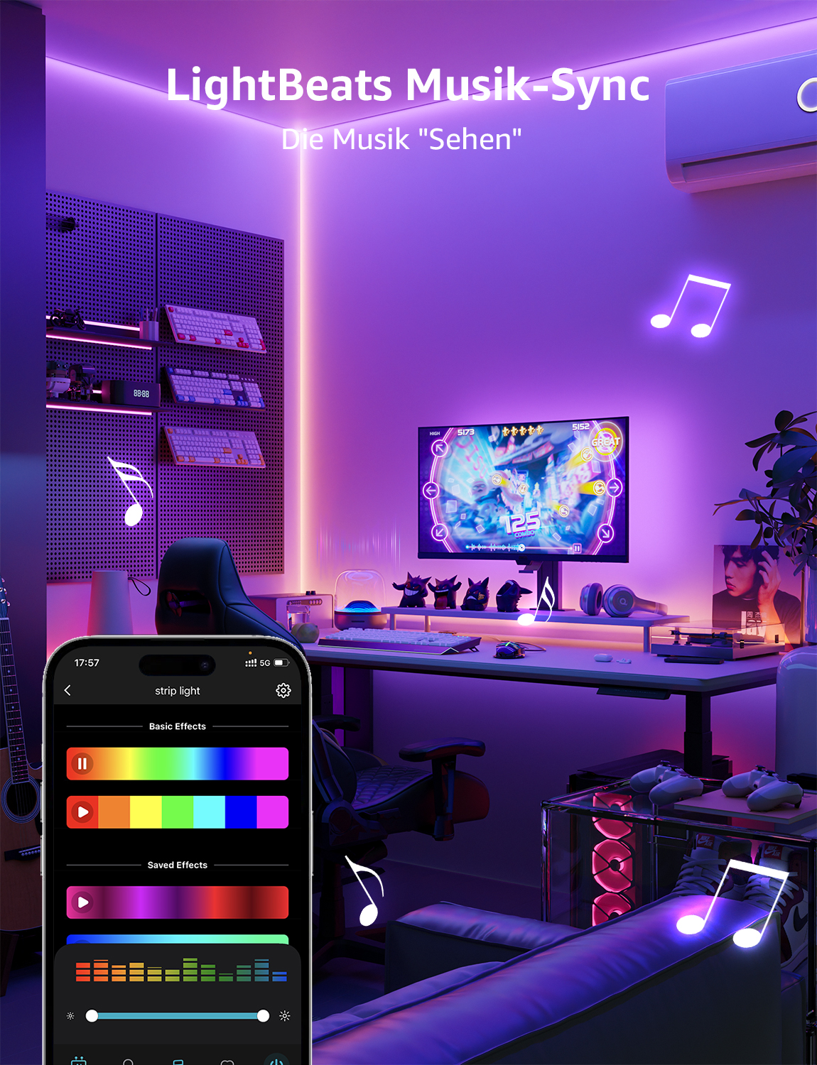 Zimmer mit Schreibtisch, Computer und LED-Streifen. Smartphone zeigt Lichtsteuerungs-App.