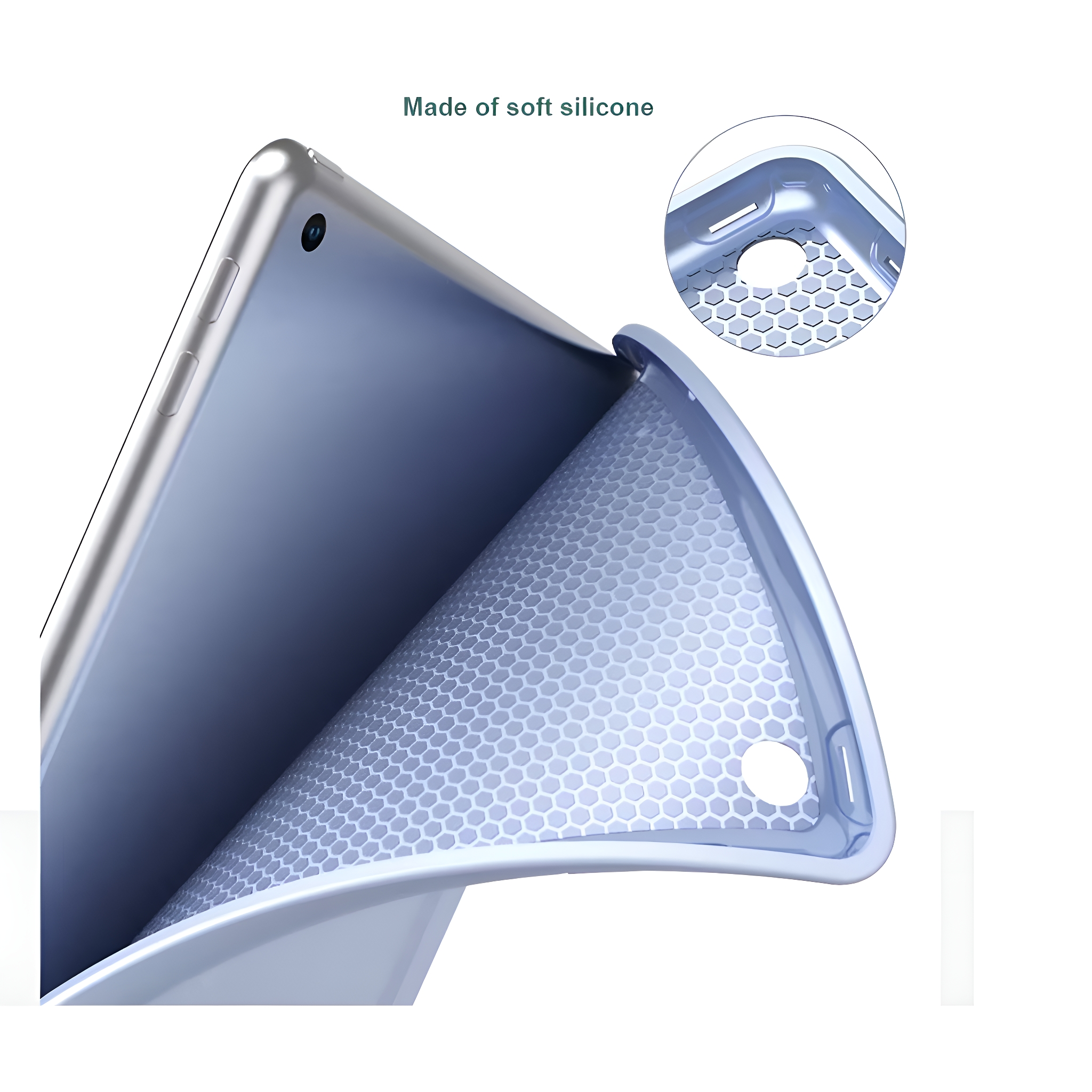 Tablet in einer blauen Hülle mit Wabenmuster und Nahaufnahme der Hülle.