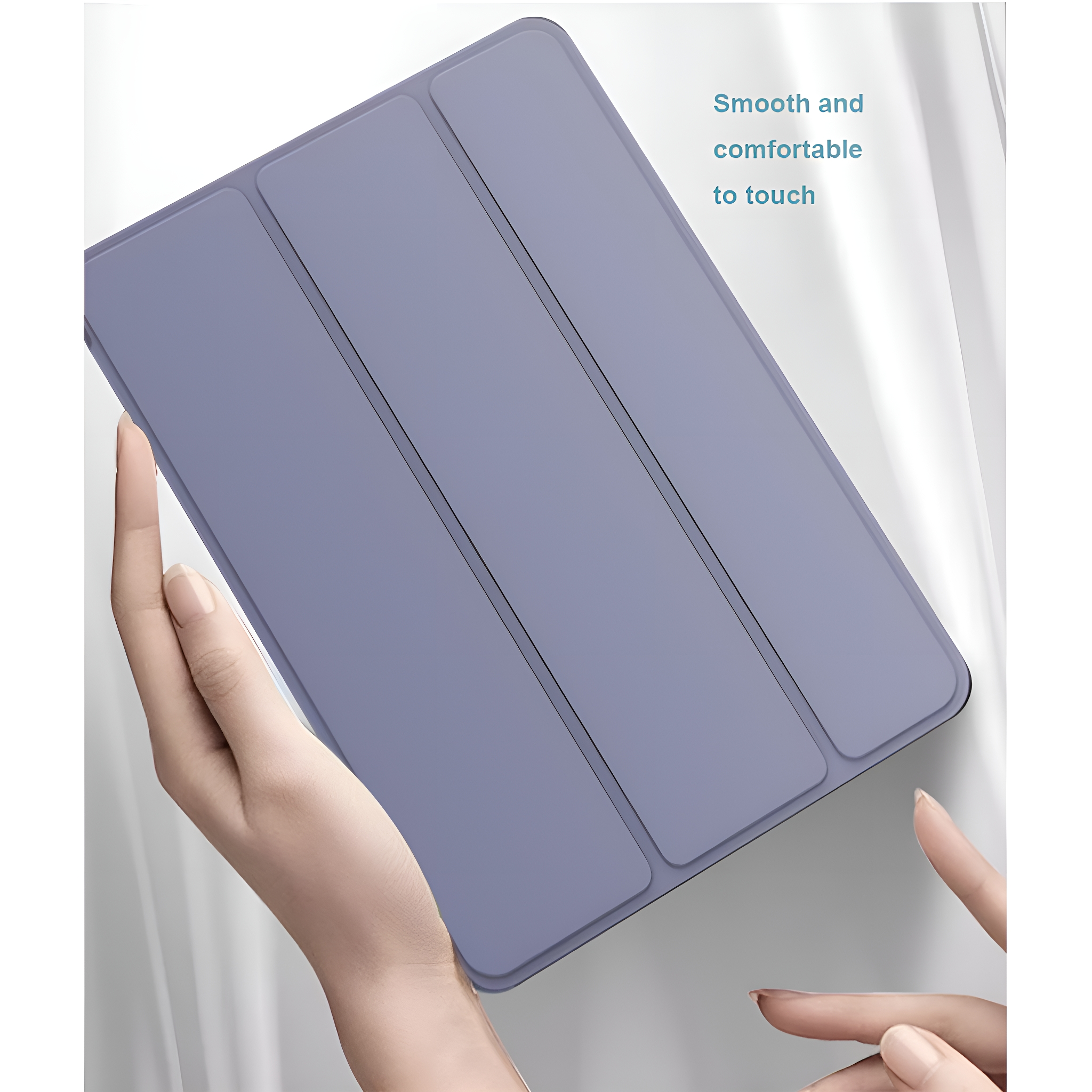Lila Tablet-Hülle, mit einer Hand, die sie hält, und Text, der bequem sagt.