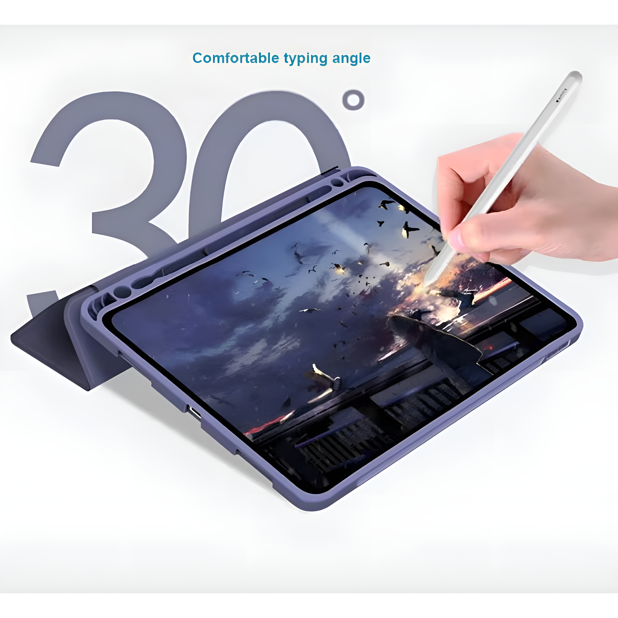Ein Tablet in einem lila Gehäuse wird mit einem Stift verwendet. Der Bildschirm zeigt ein künstlerisches Bild.