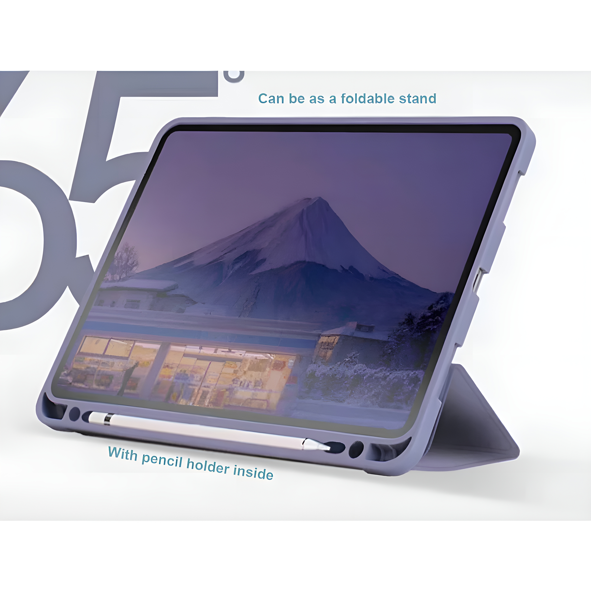 Ein blaues Tablet in einer blauen Hülle, mit einem Stift, das eine schneebedeckte Berglandschaft zeigt.