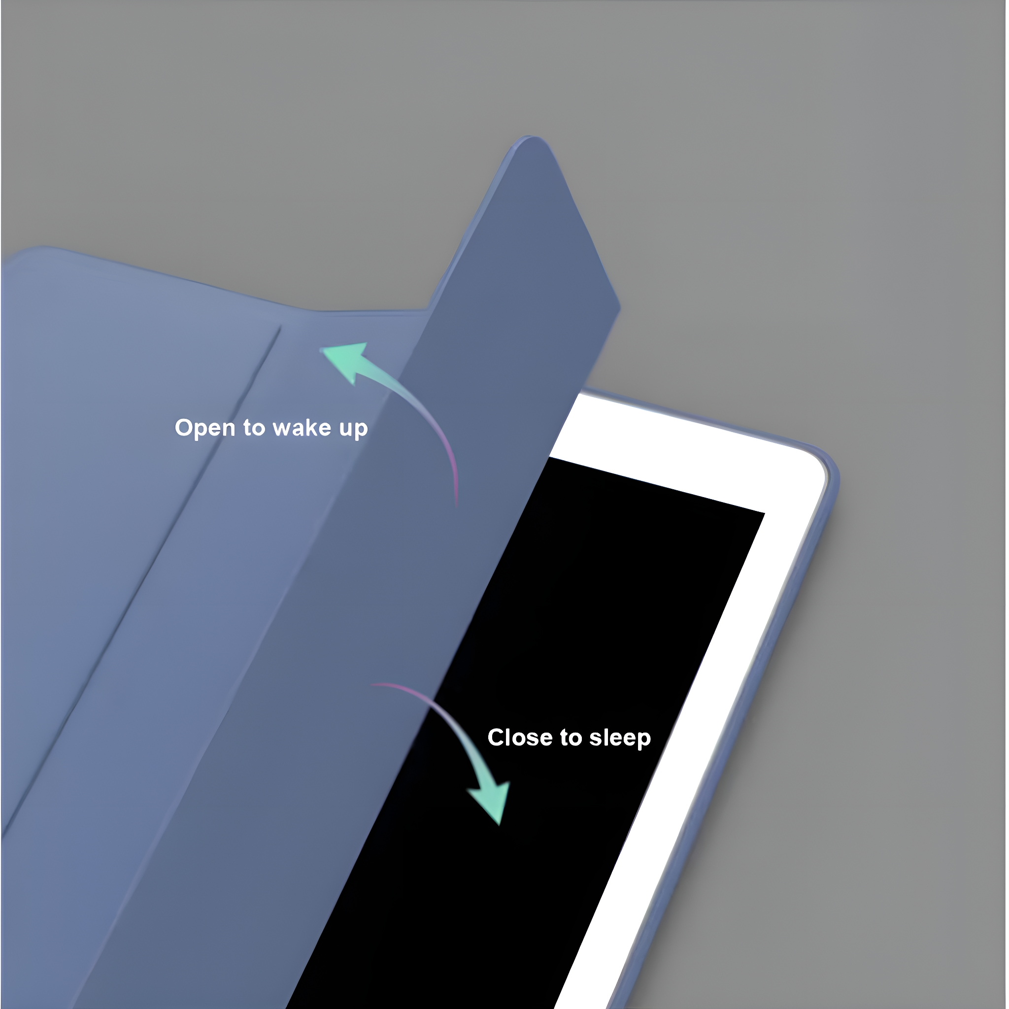 Eine blaue Tablet-Hülle, geöffnet, um einen schwarzen Bildschirm zu zeigen. Pfeile zeigen Öffnen zum Aufwachen und Schließen zum Schlafen.
