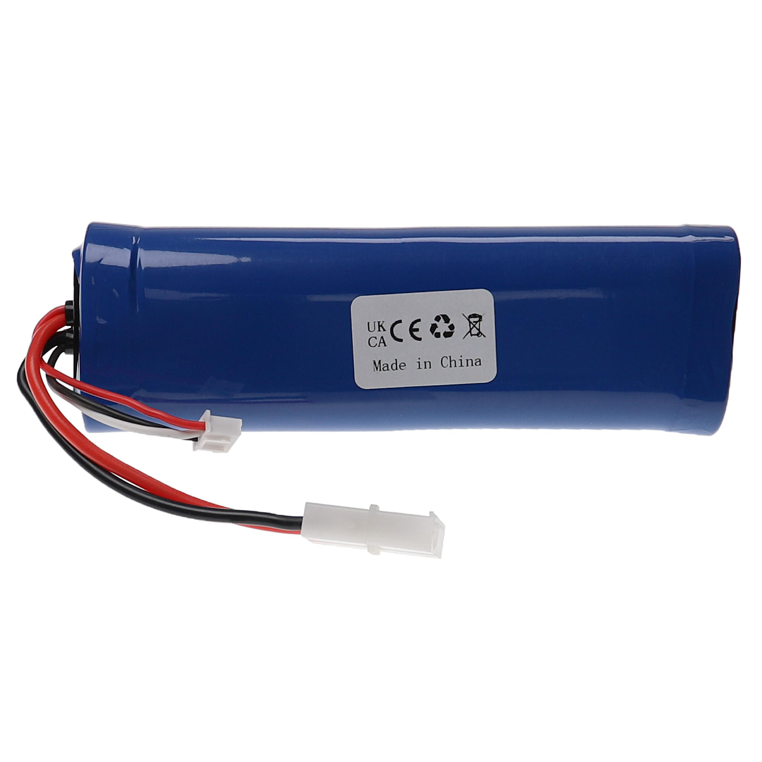 Blaue zylindrische Batterie mit roten und schwarzen Drähten und einem weißen Stecker.