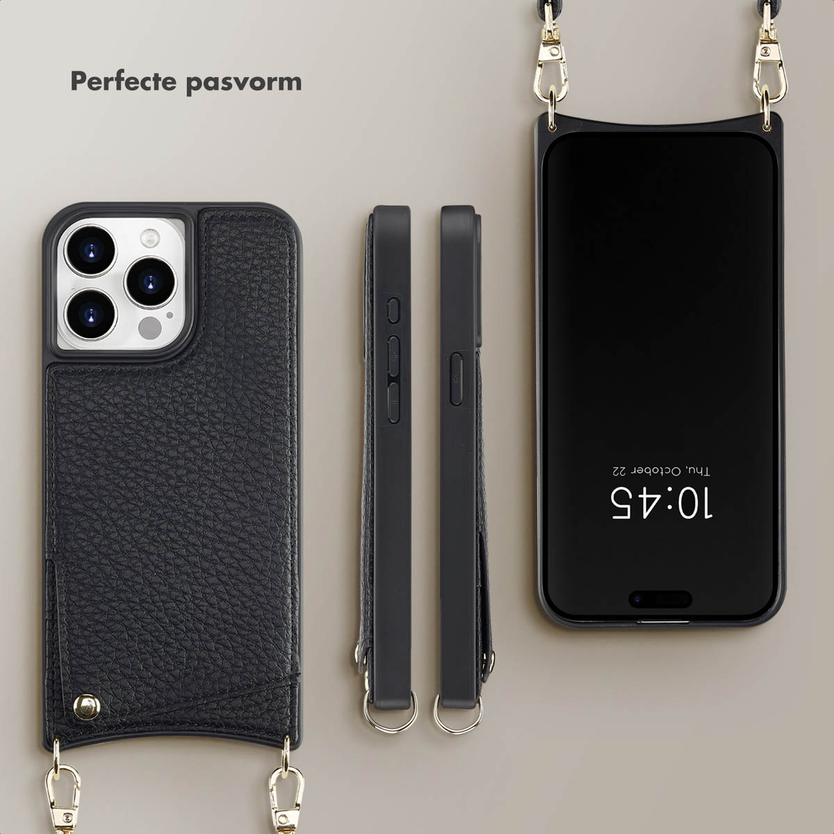 Un étui de téléphone en cuir noir avec une sangle, un téléphone affichant l'heure et quelques parties séparées.