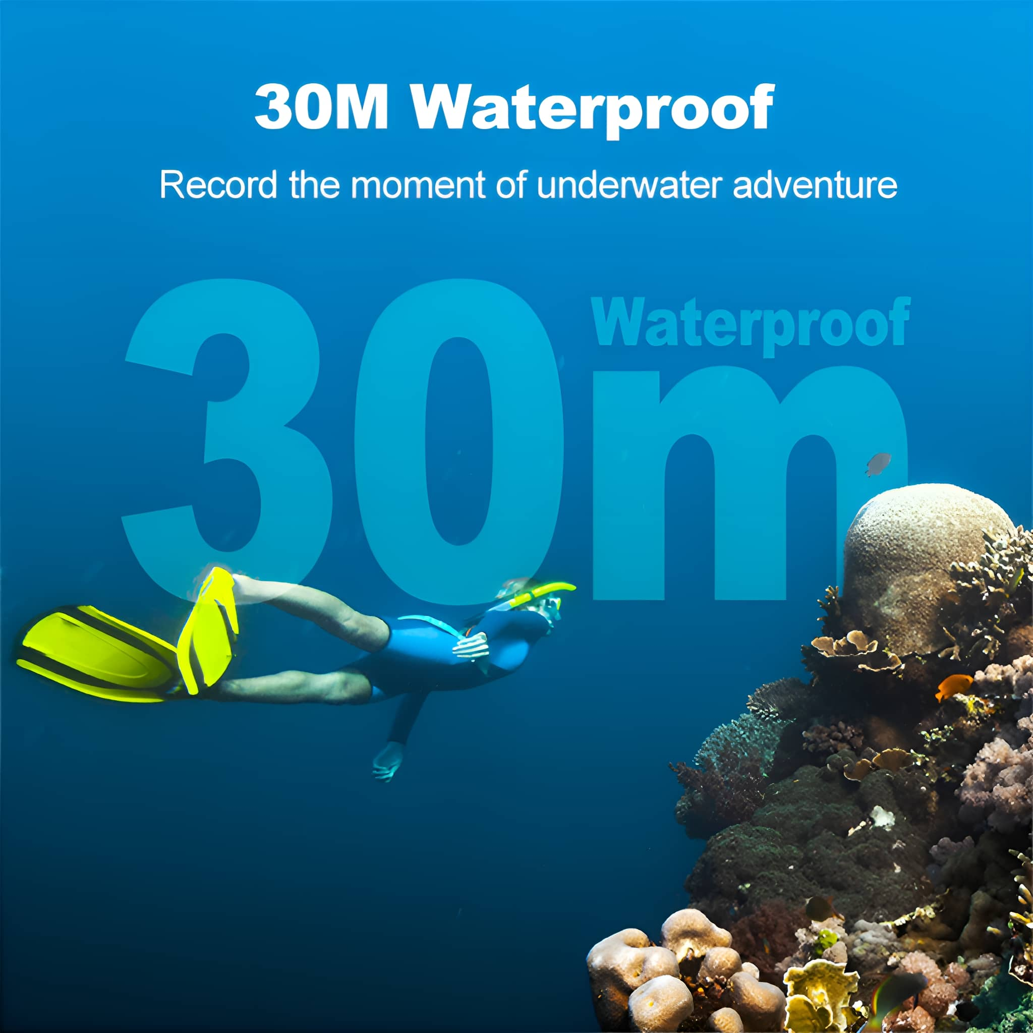 Person schnorchelt unter Wasser. Text: '30M Wasserdicht', Korallen im Hintergrund.