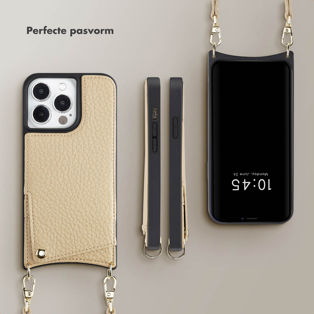 SELENCIA Nova Backcover met koord en pashouder - Geschikt voor Apple iPhone 13 Pro - Telefoonhoesje voor Apple iPhone 13 Pro Beige