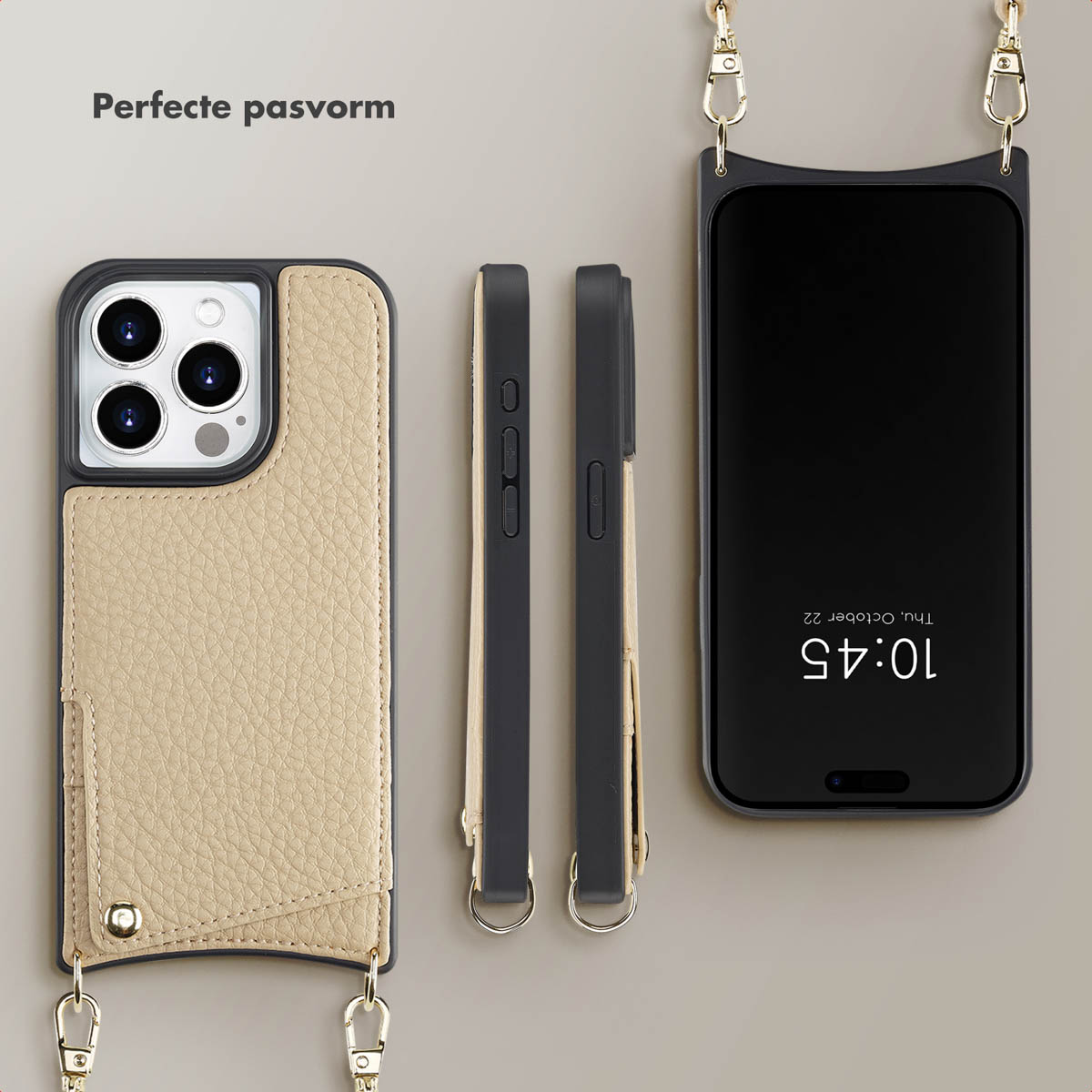 Een telefoonhoesje met portemonnee en riem, naast twee andere telefoonhoesjes en een telefoon.