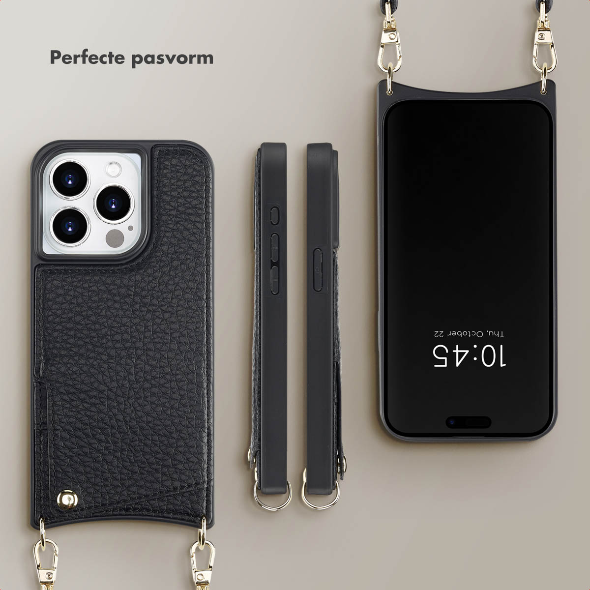 Coque de téléphone avec sangle et téléphone. Coque noire, téléphone noir. Accessoires comme un porte-cartes.