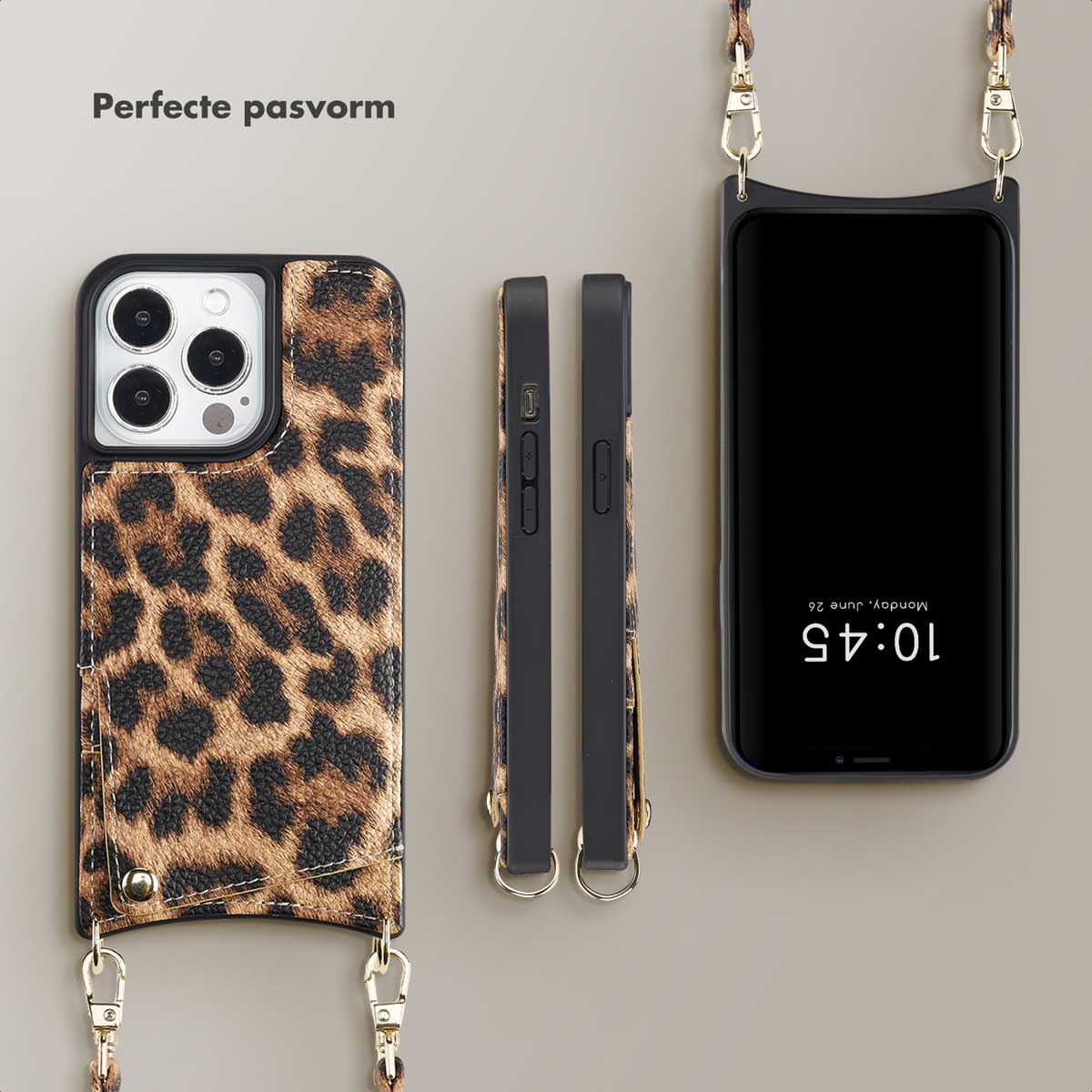 Een telefoonhoesje met luipaardprint en een zwarte telefoon met een bandje.