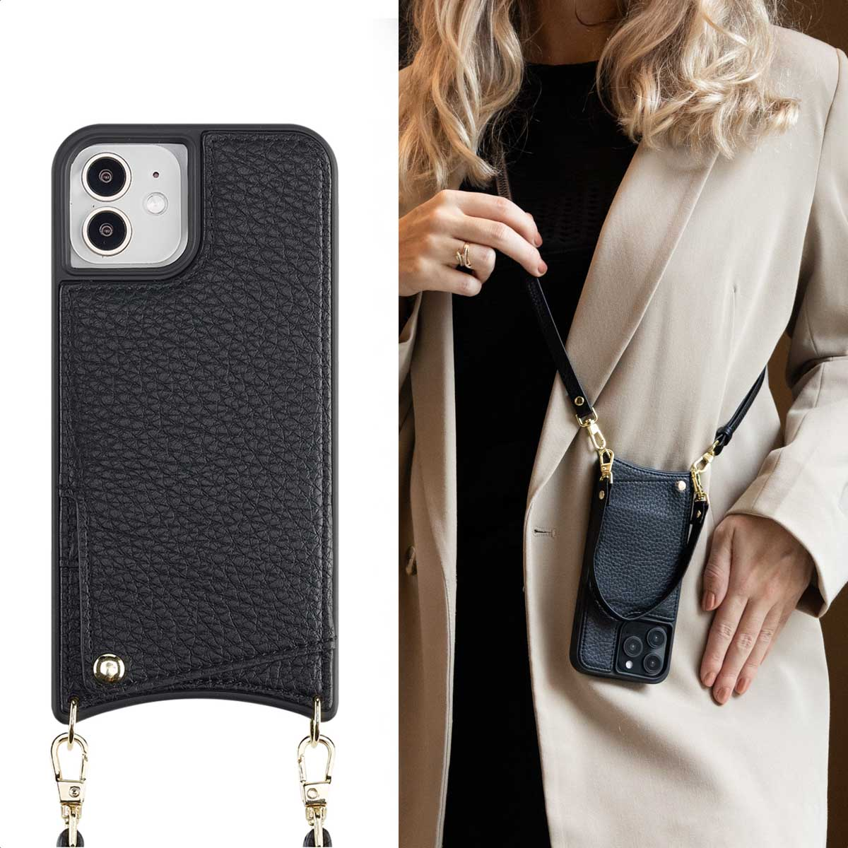 Zwarte telefoonhoes met riem. Vrouw met beige jas met telefoonhoes.