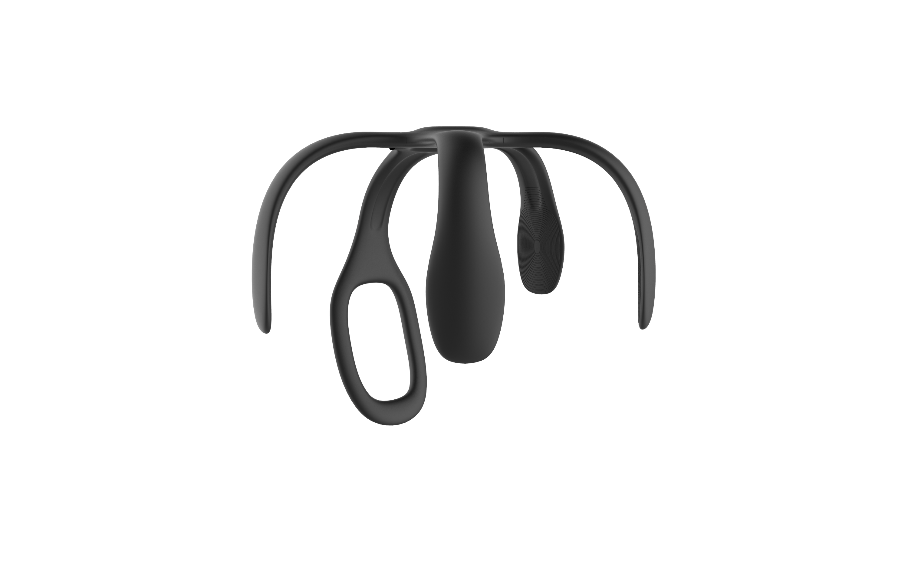 Un dispositivo médico negro con varias partes curvas, diseñado con un mango central y varias púas de soporte.