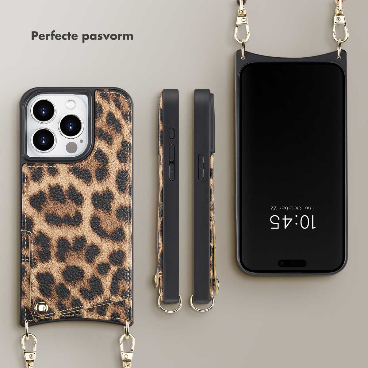 Telefoonhoesje met luipaardprint en een zwarte telefoon met een bandje.