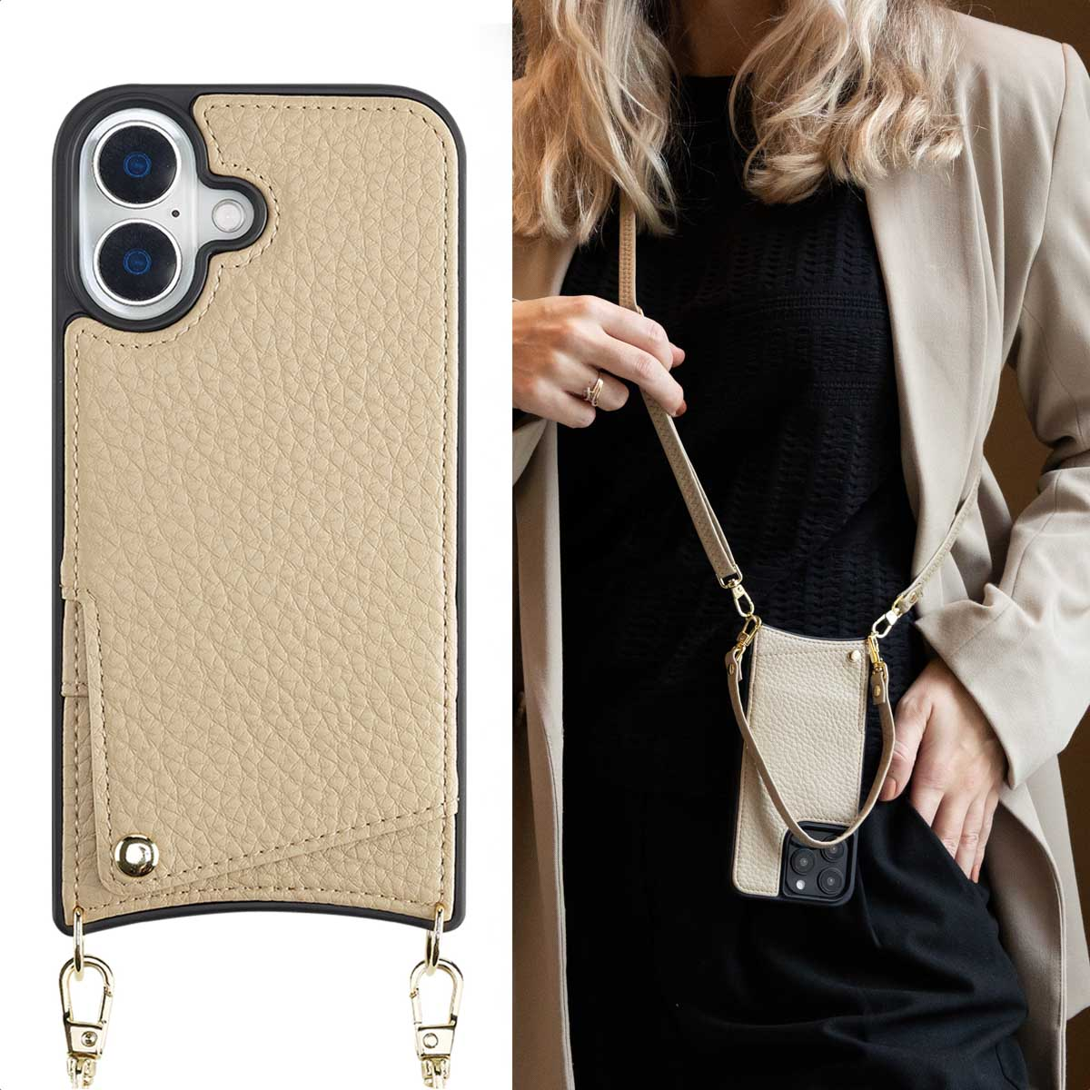 Beige telefoonhoes met een riem. Een persoon draagt de hoes. Witte achtergrond.