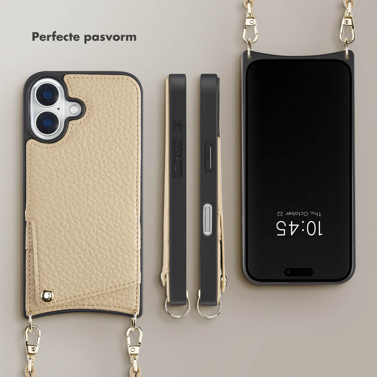Tan telefoonhoesje met een riem, en twee zijaanzichten, met een telefoon die de tijd toont: 10:45.