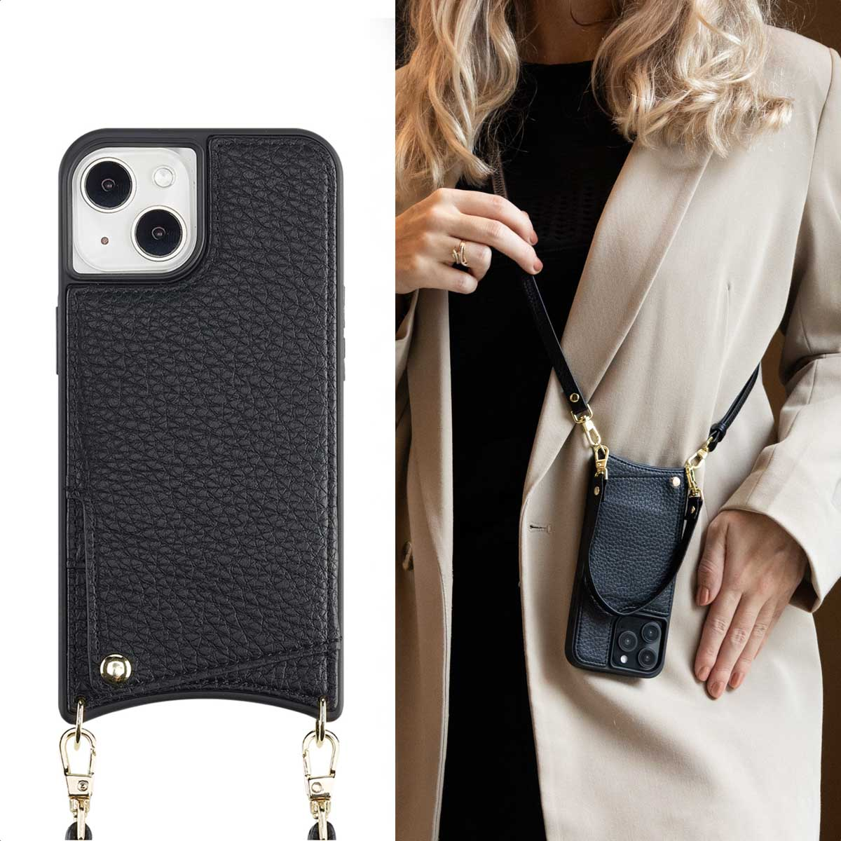 Étui de téléphone en cuir noir avec une sangle et des accessoires dorés, avec une femme portant une veste.